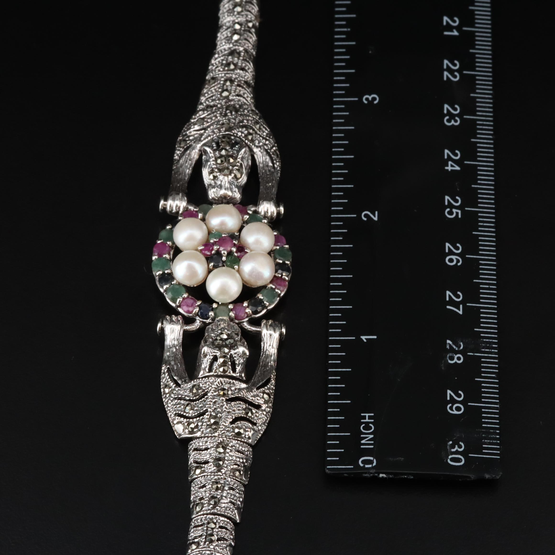 Sterling Multi-Gemstone Leopard Bracelet Including Pearl, Emerald and Ruby