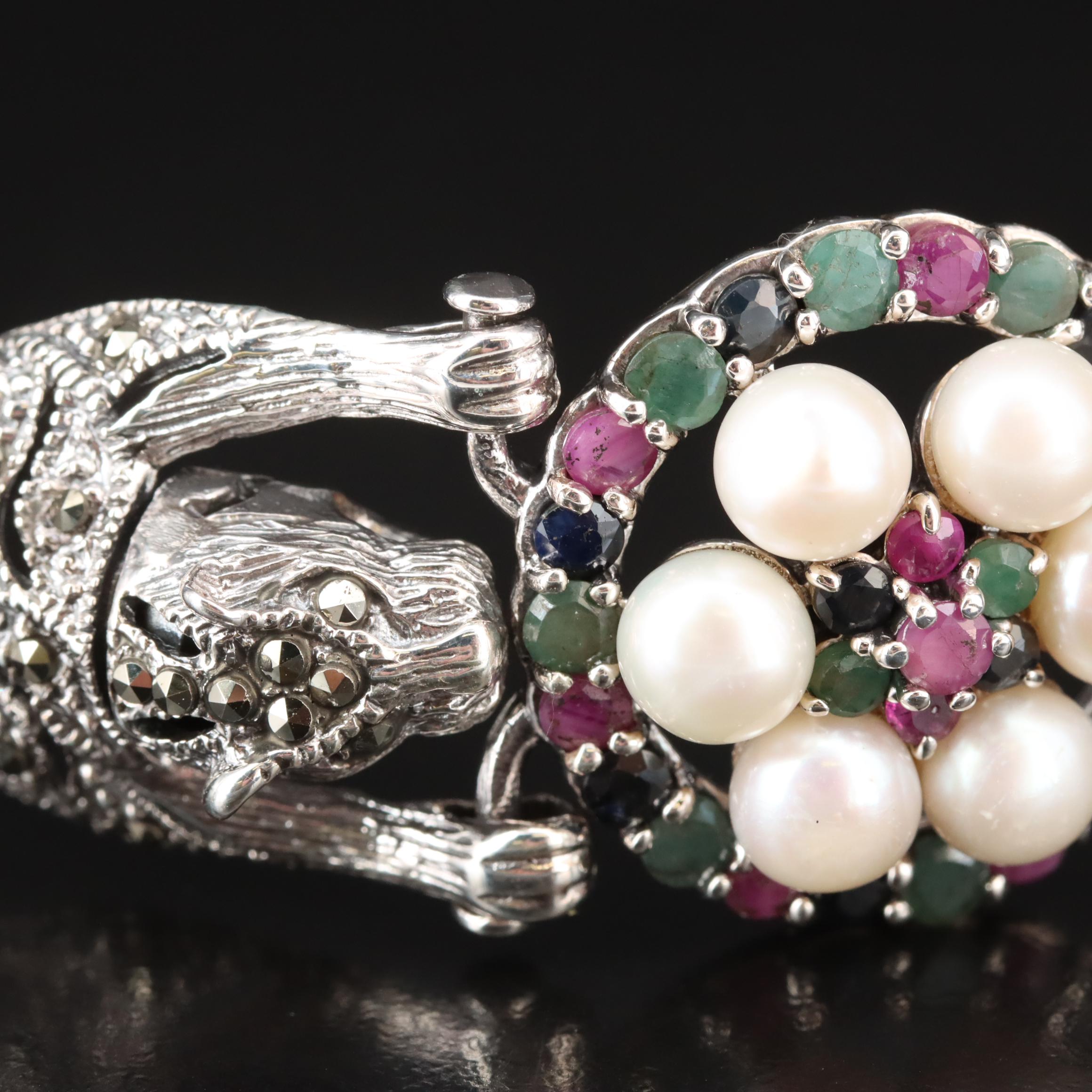 Sterling Multi-Gemstone Leopard Bracelet Including Pearl, Emerald and Ruby
