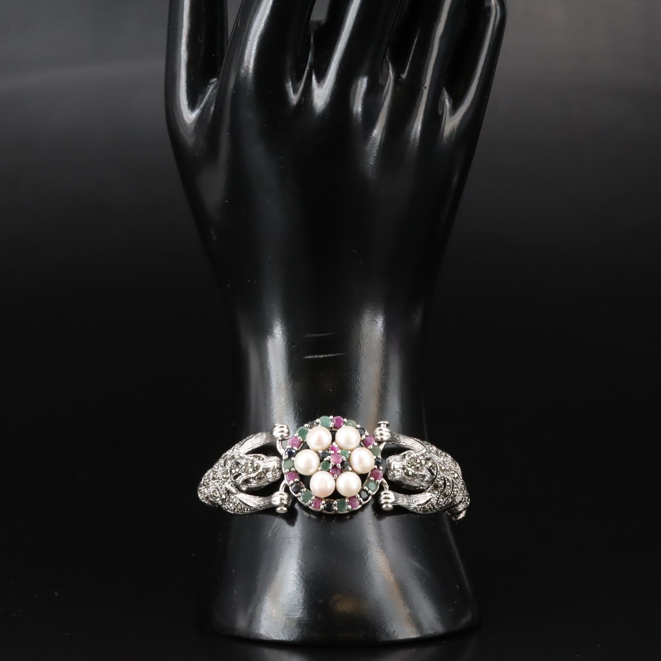 Sterling Multi-Gemstone Leopard Bracelet Including Pearl, Emerald and Ruby