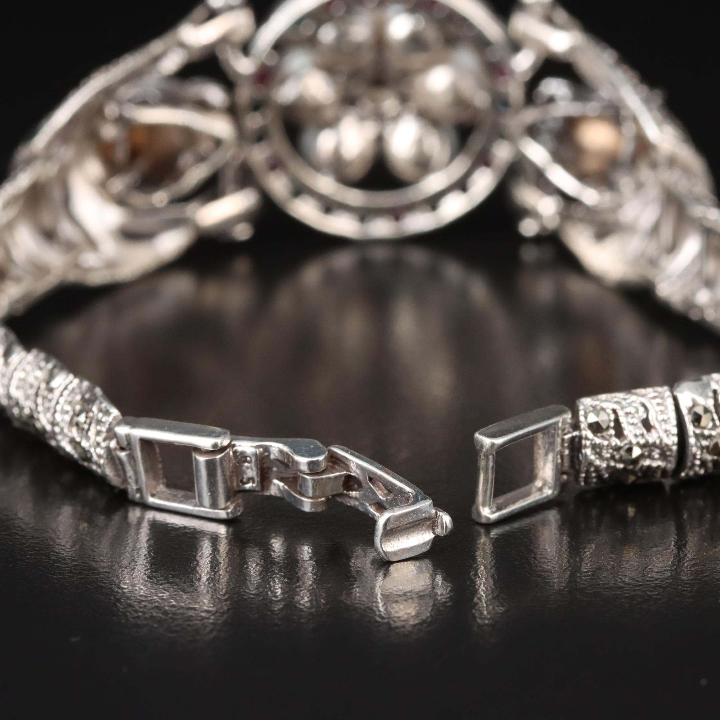 Sterling Multi-Gemstone Leopard Bracelet Including Pearl, Emerald and Ruby