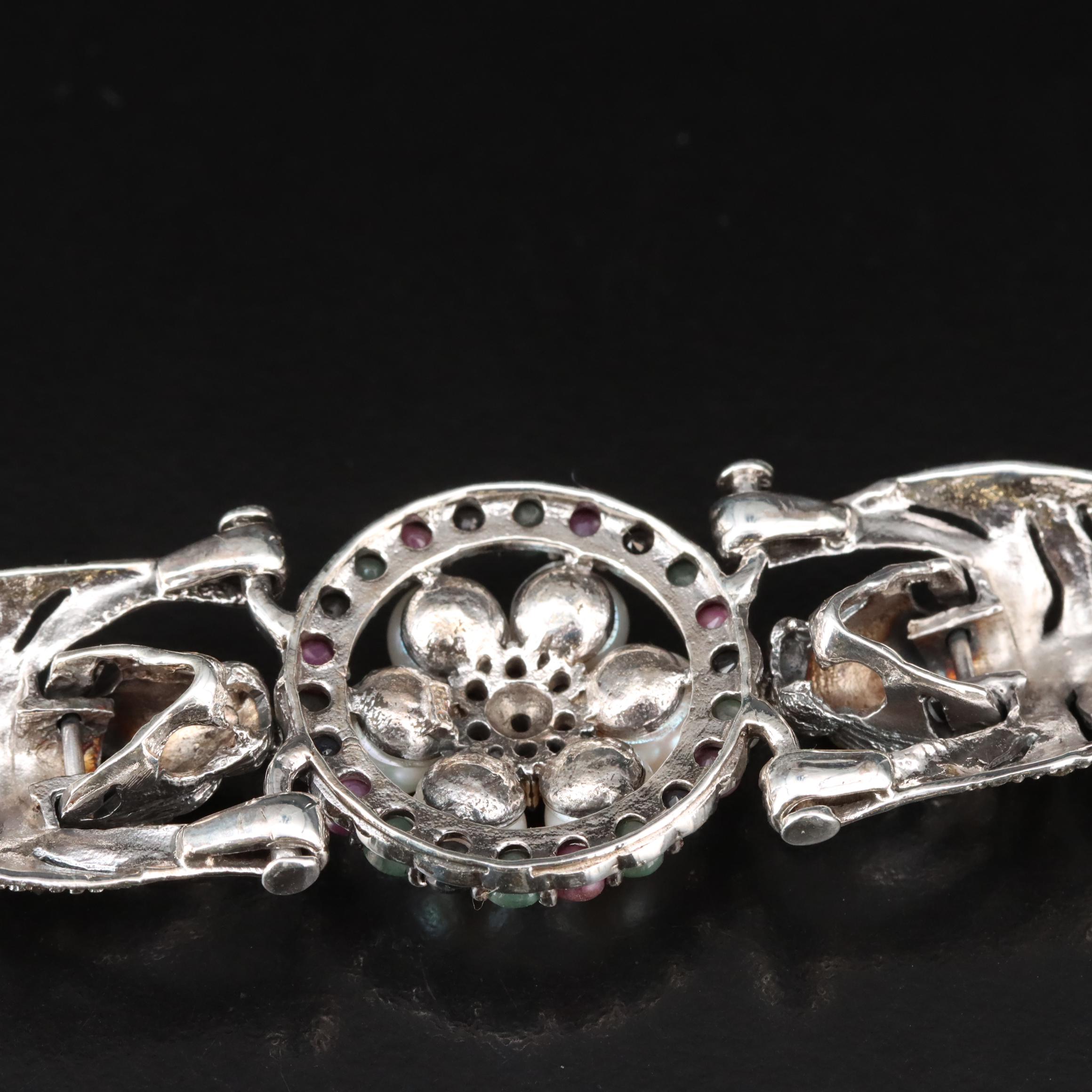 Sterling Multi-Gemstone Leopard Bracelet Including Pearl, Emerald and Ruby