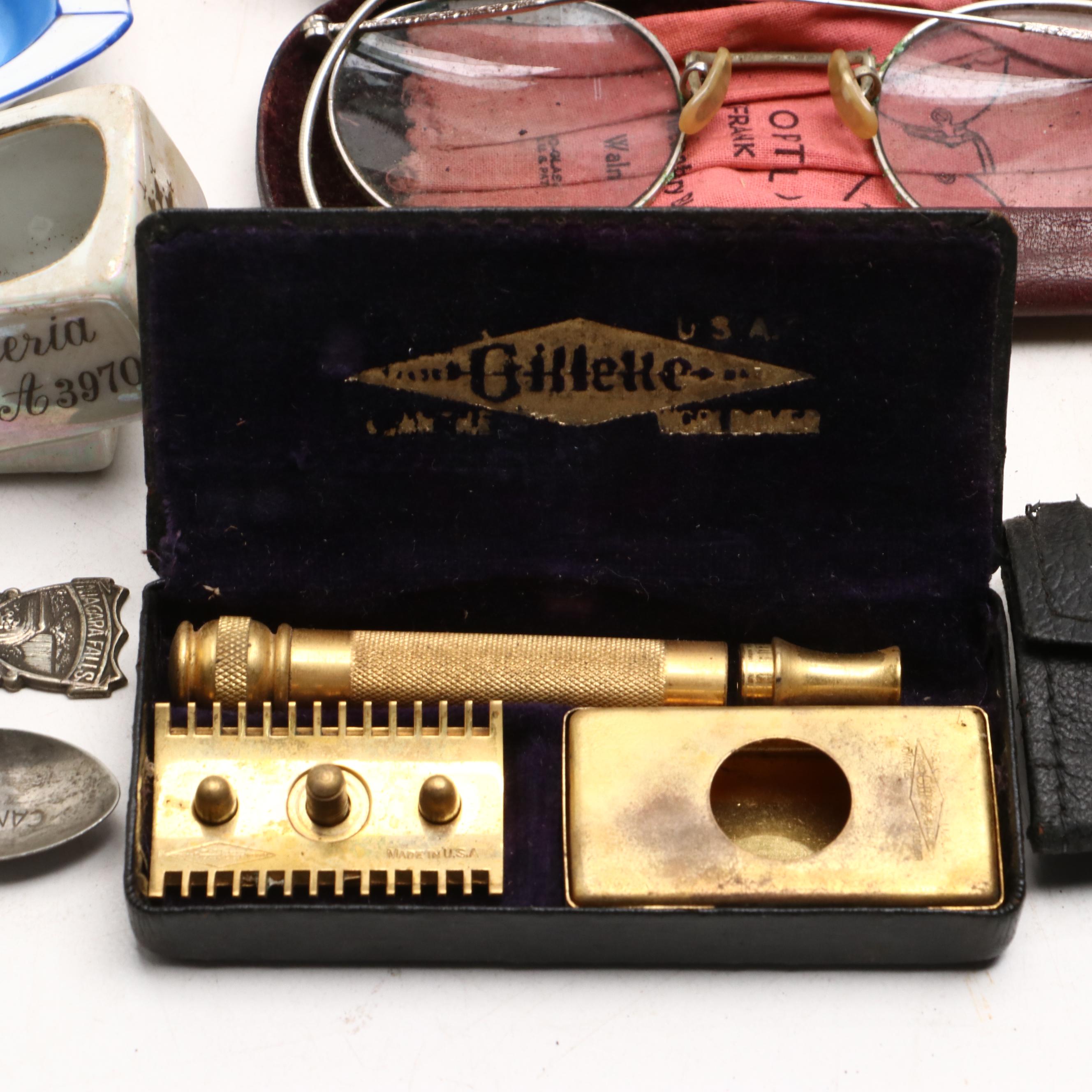 French Ivory and Celluloid Vanity Wares with Eyeglasses, Pens, Pin Dishes, More