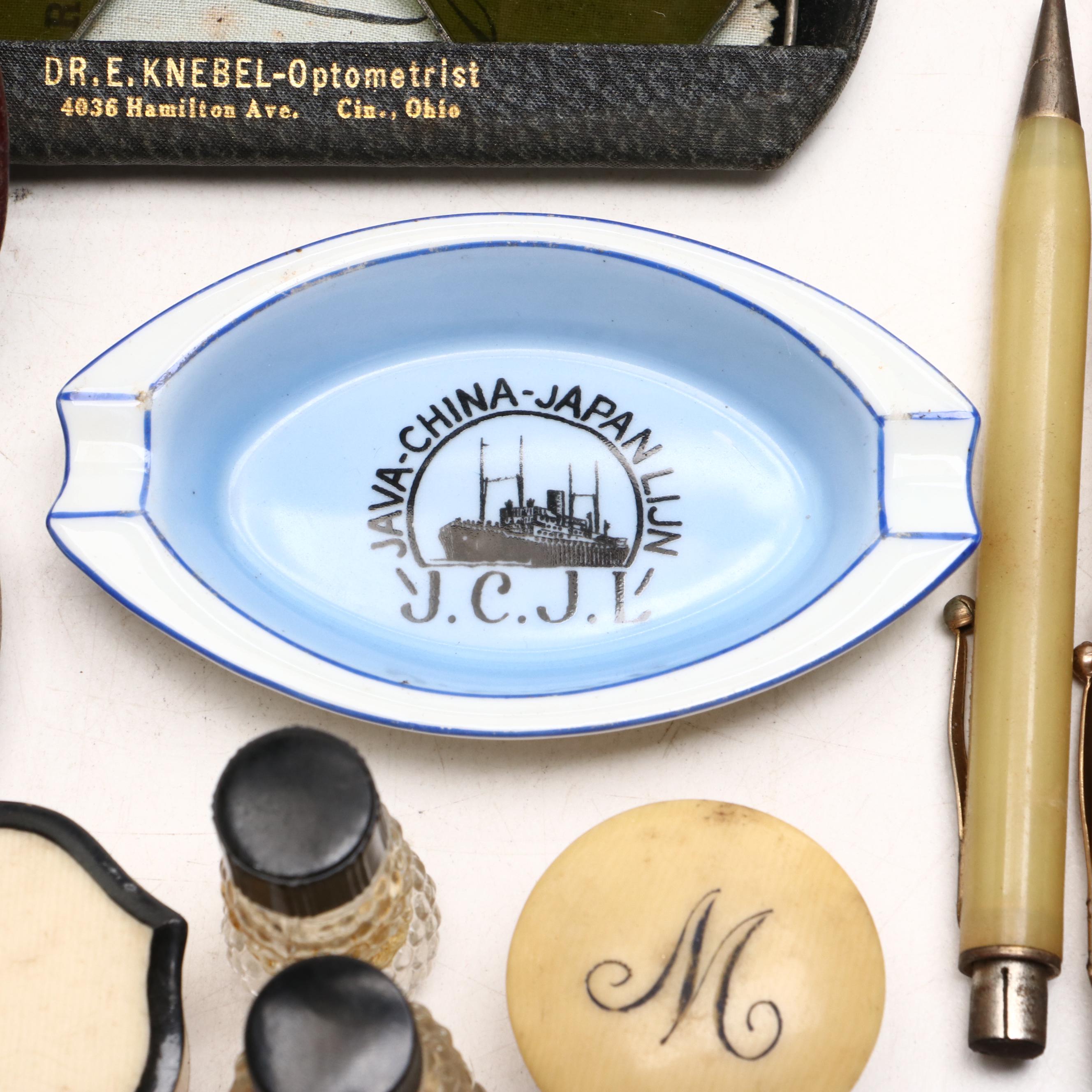 French Ivory and Celluloid Vanity Wares with Eyeglasses, Pens, Pin Dishes, More