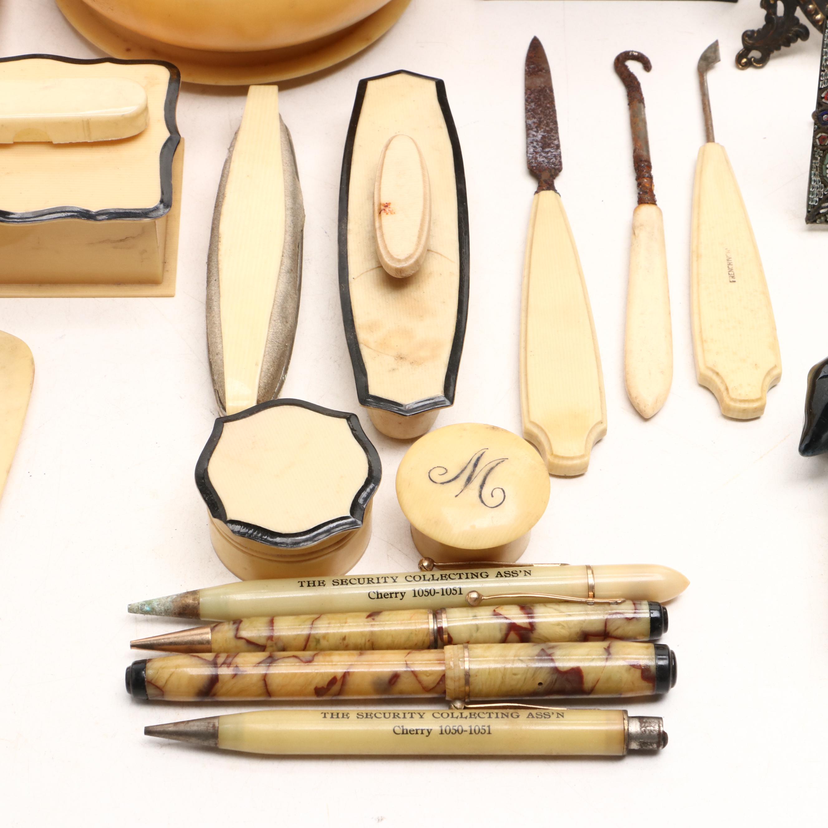 French Ivory and Celluloid Vanity Wares with Eyeglasses, Pens, Pin Dishes, More
