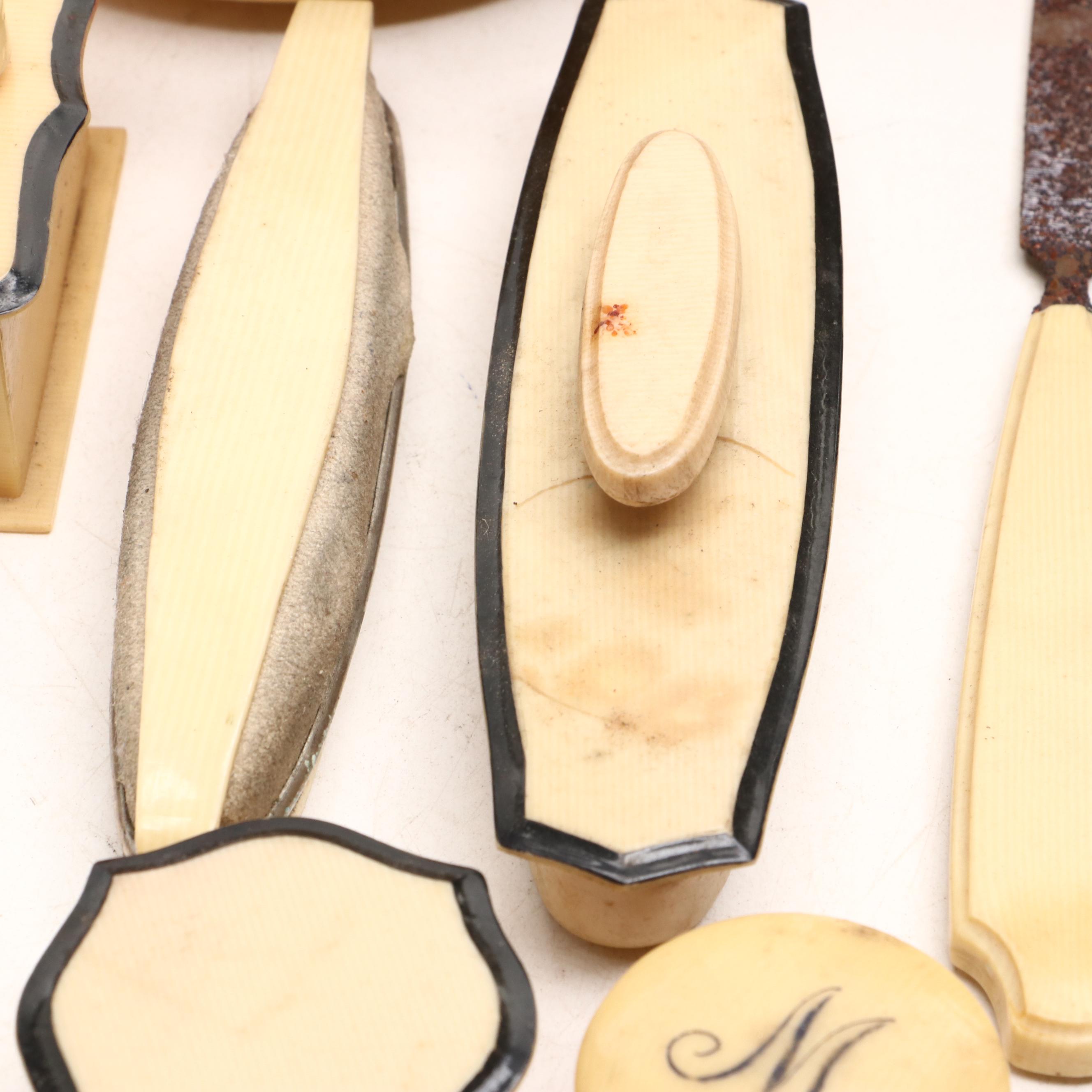 French Ivory and Celluloid Vanity Wares with Eyeglasses, Pens, Pin Dishes, More