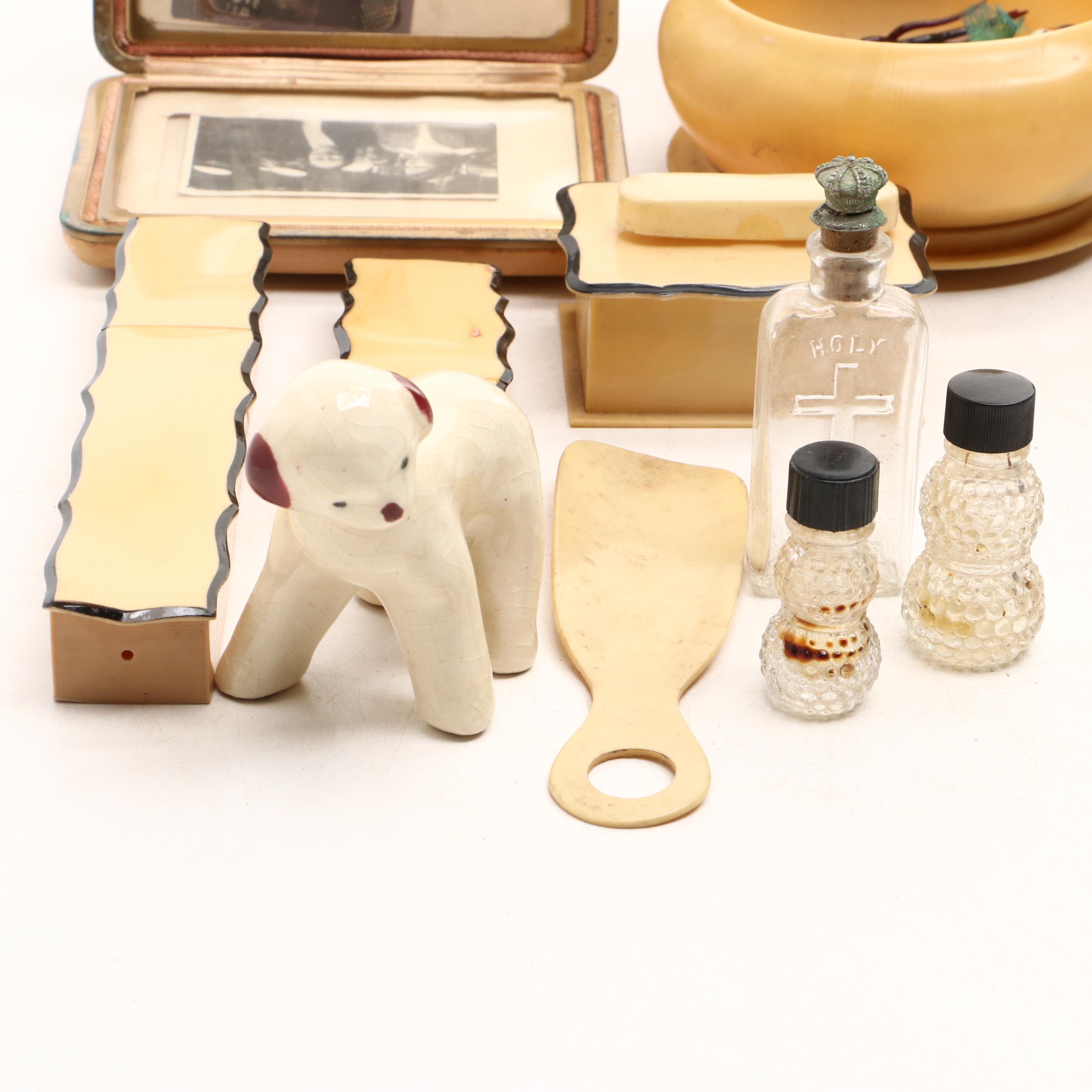 French Ivory and Celluloid Vanity Wares with Eyeglasses, Pens, Pin Dishes, More