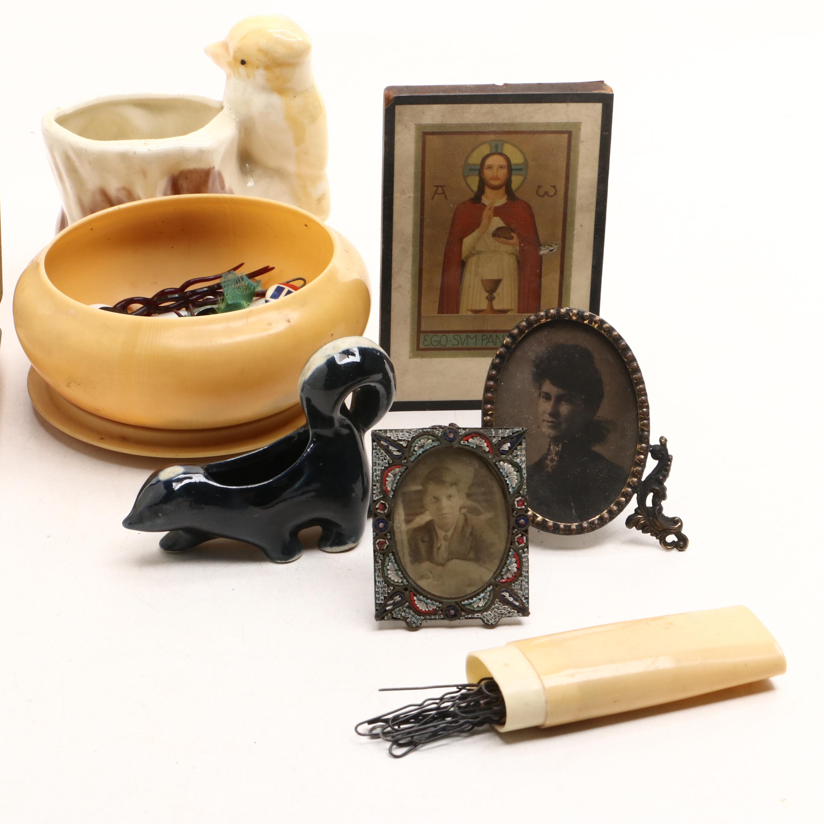 French Ivory and Celluloid Vanity Wares with Eyeglasses, Pens, Pin Dishes, More