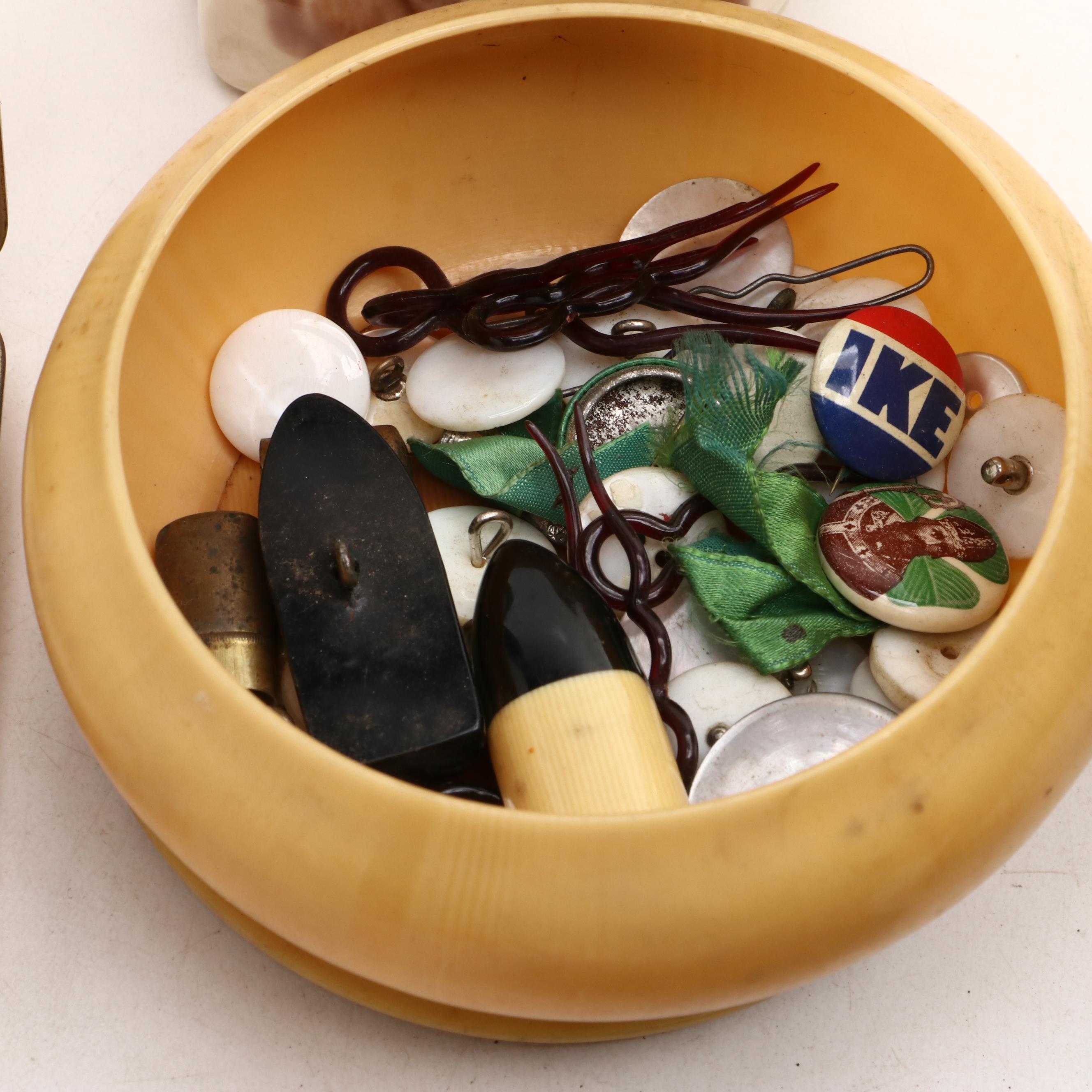 French Ivory and Celluloid Vanity Wares with Eyeglasses, Pens, Pin Dishes, More