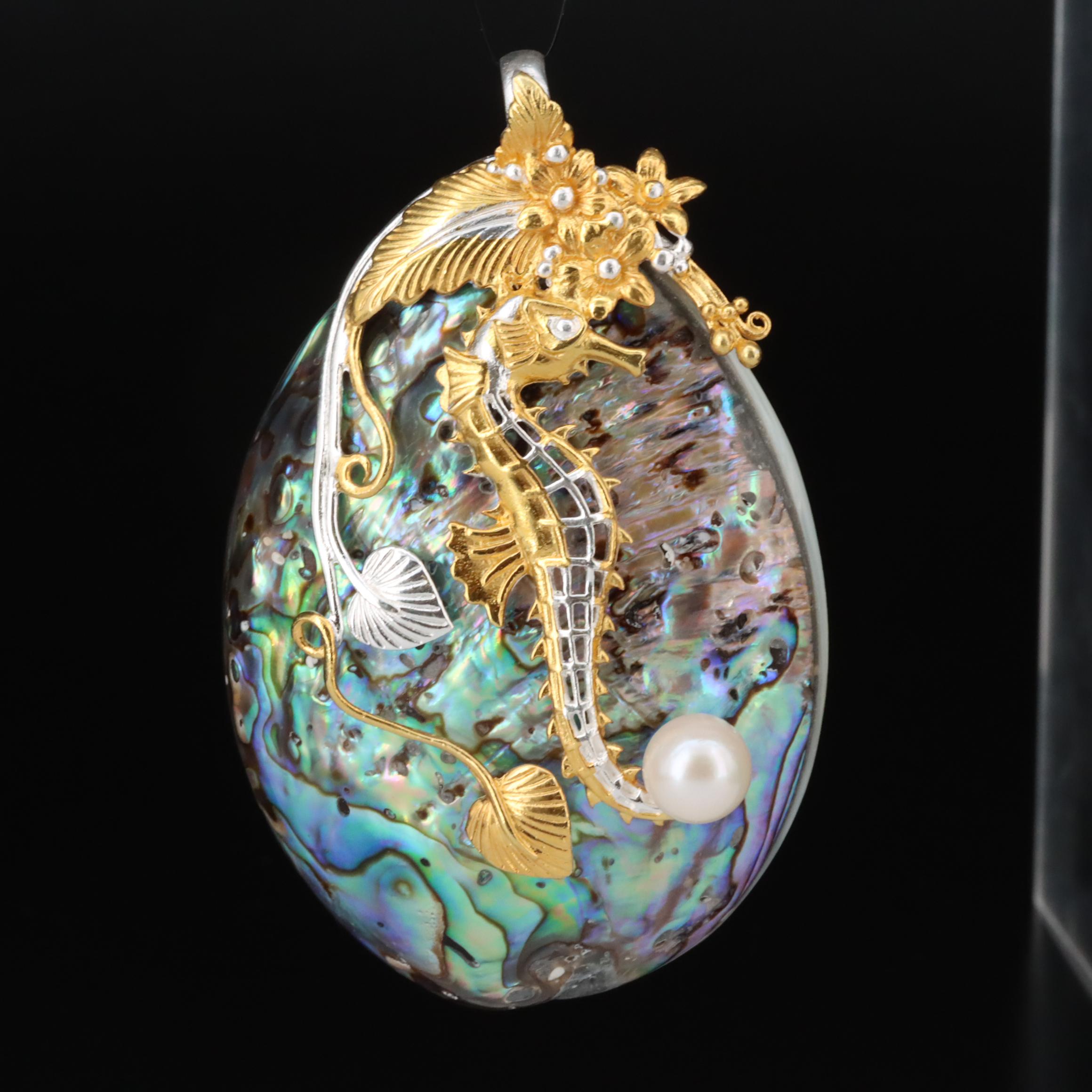 Sterling Abalone, Mother-of-Pearl and Pearl Seahorse Pendant