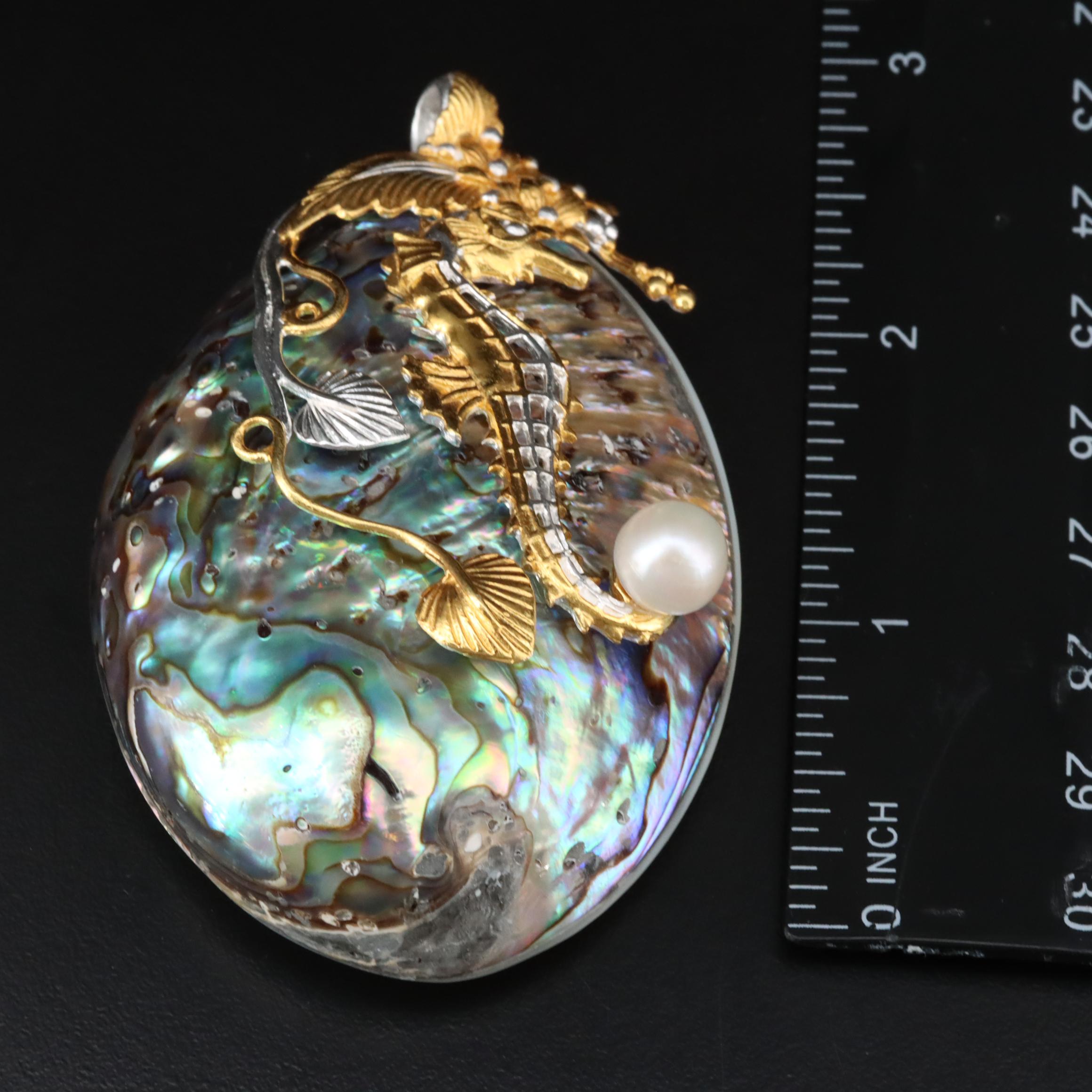 Sterling Abalone, Mother-of-Pearl and Pearl Seahorse Pendant