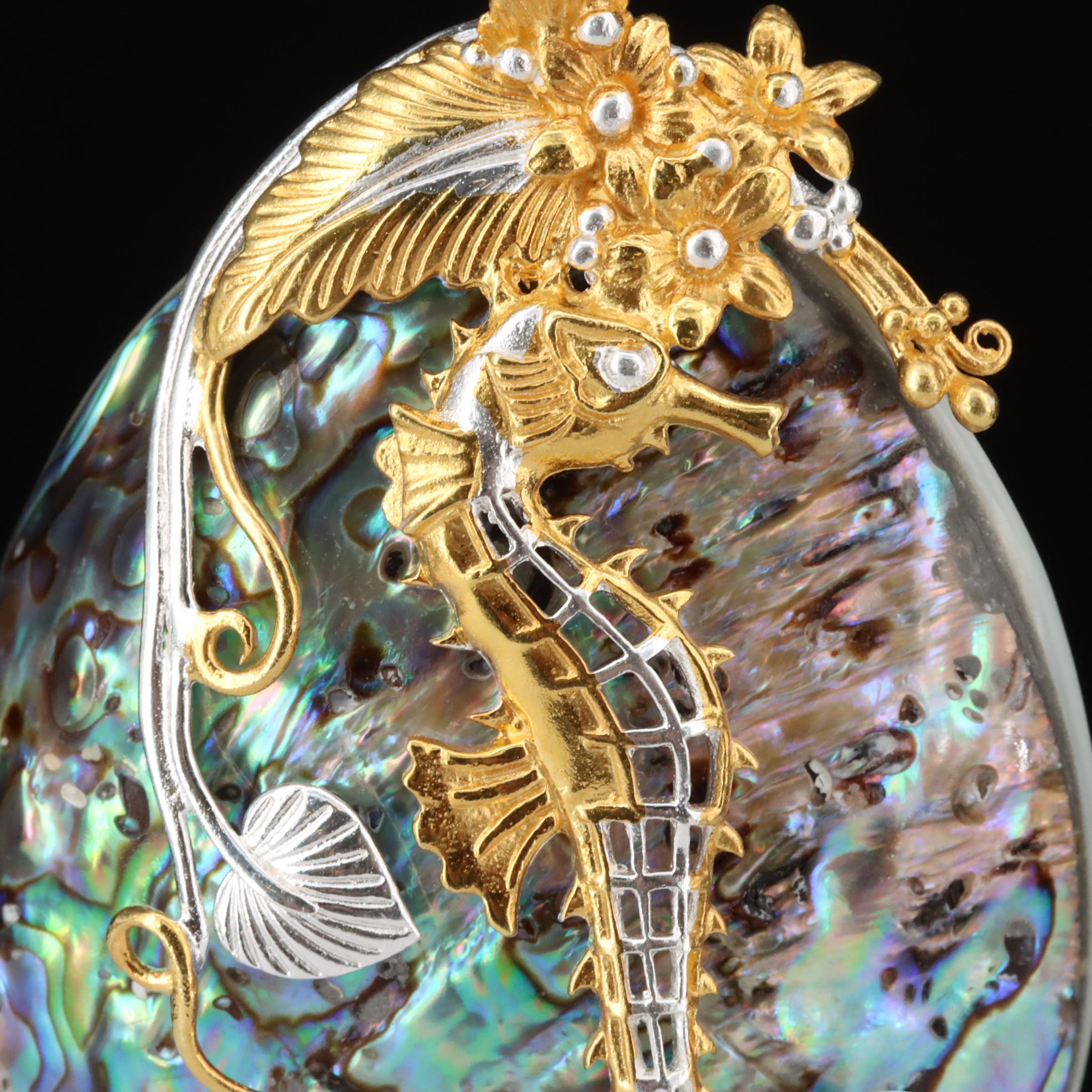 Sterling Abalone, Mother-of-Pearl and Pearl Seahorse Pendant