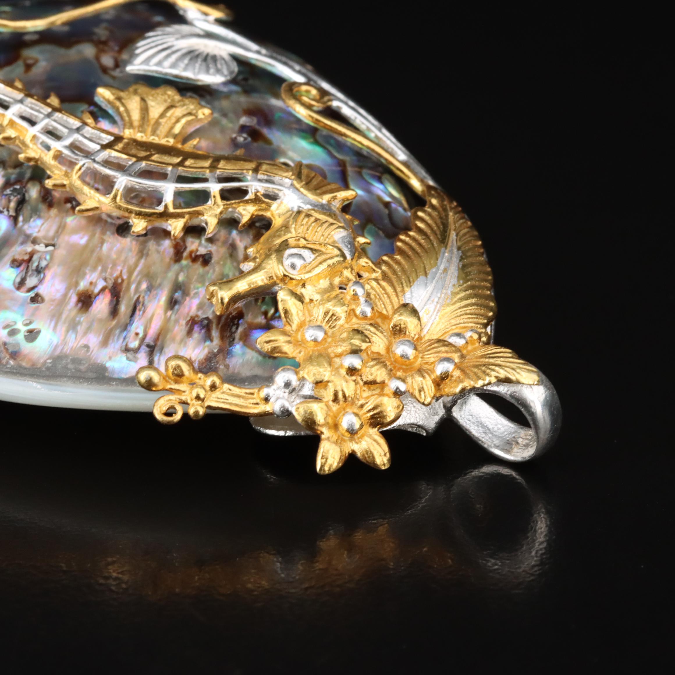 Sterling Abalone, Mother-of-Pearl and Pearl Seahorse Pendant