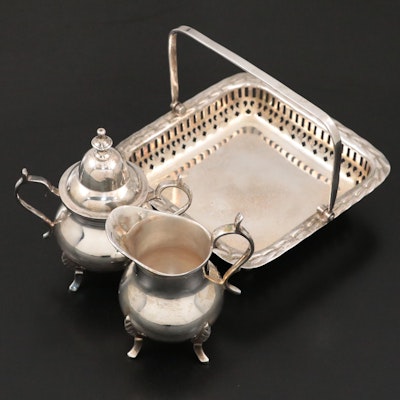 International Silver Co. Reticulated Tray with Silver Plate Creamer and Sugar
