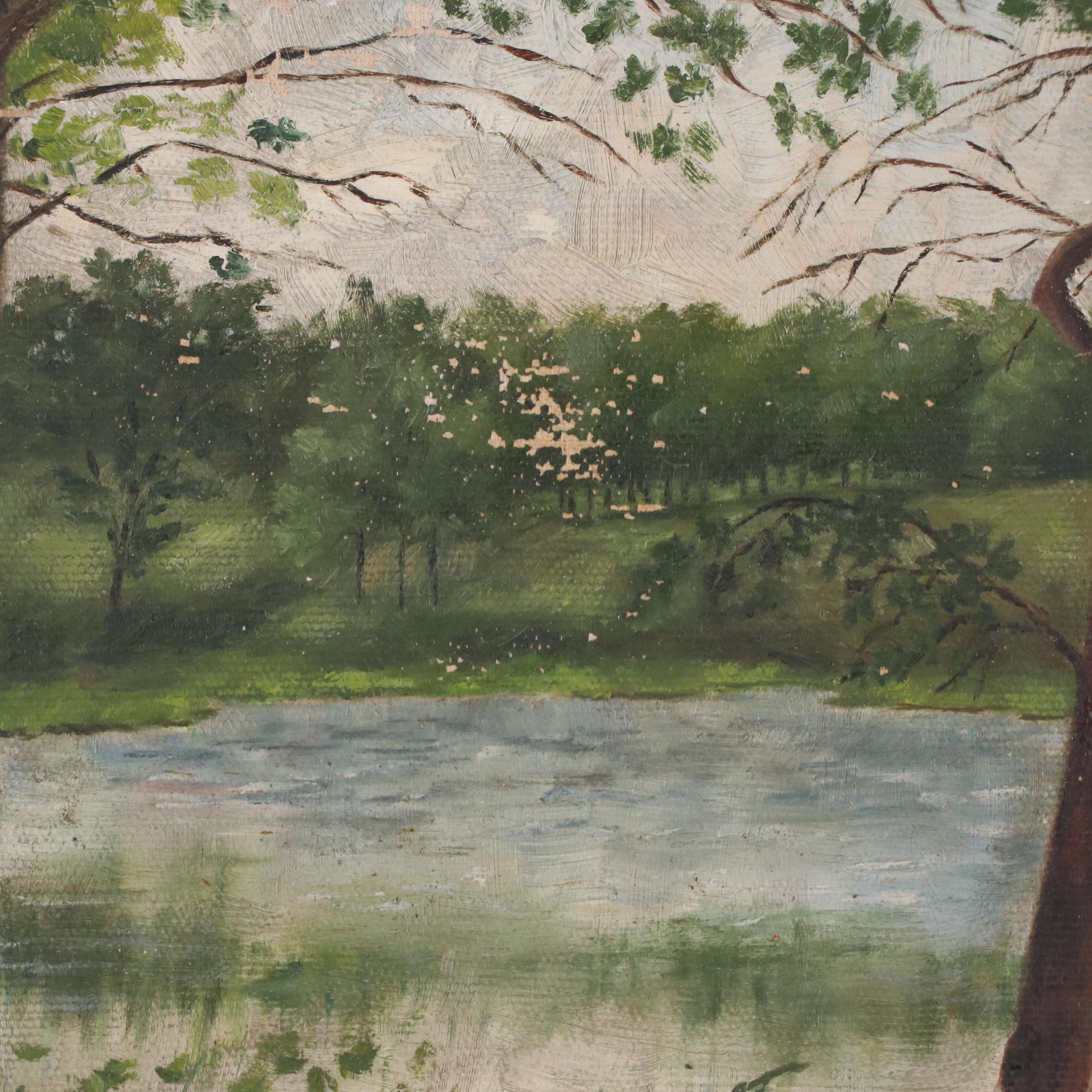 Wooded Landscape Oil Painting of Pond