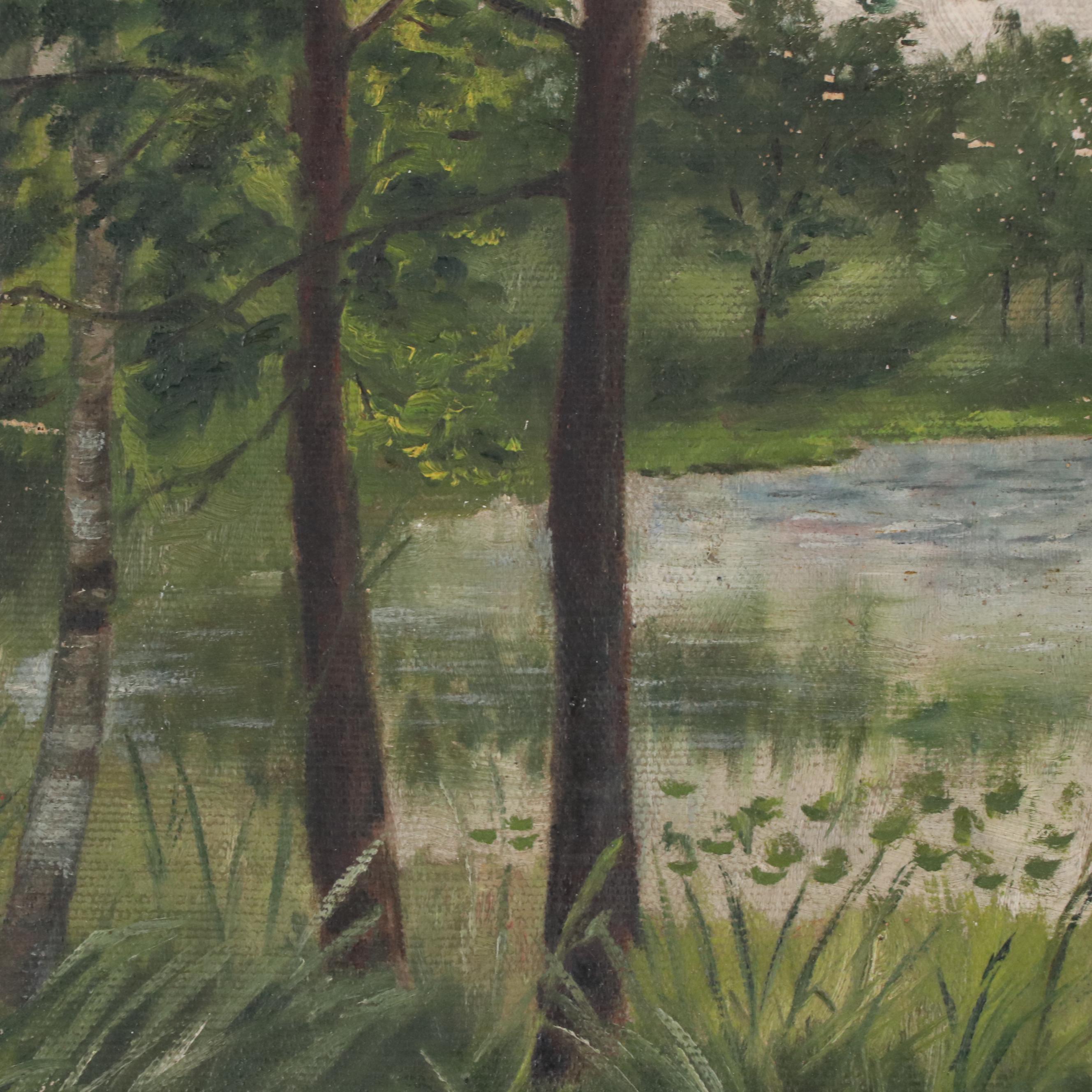 Wooded Landscape Oil Painting of Pond