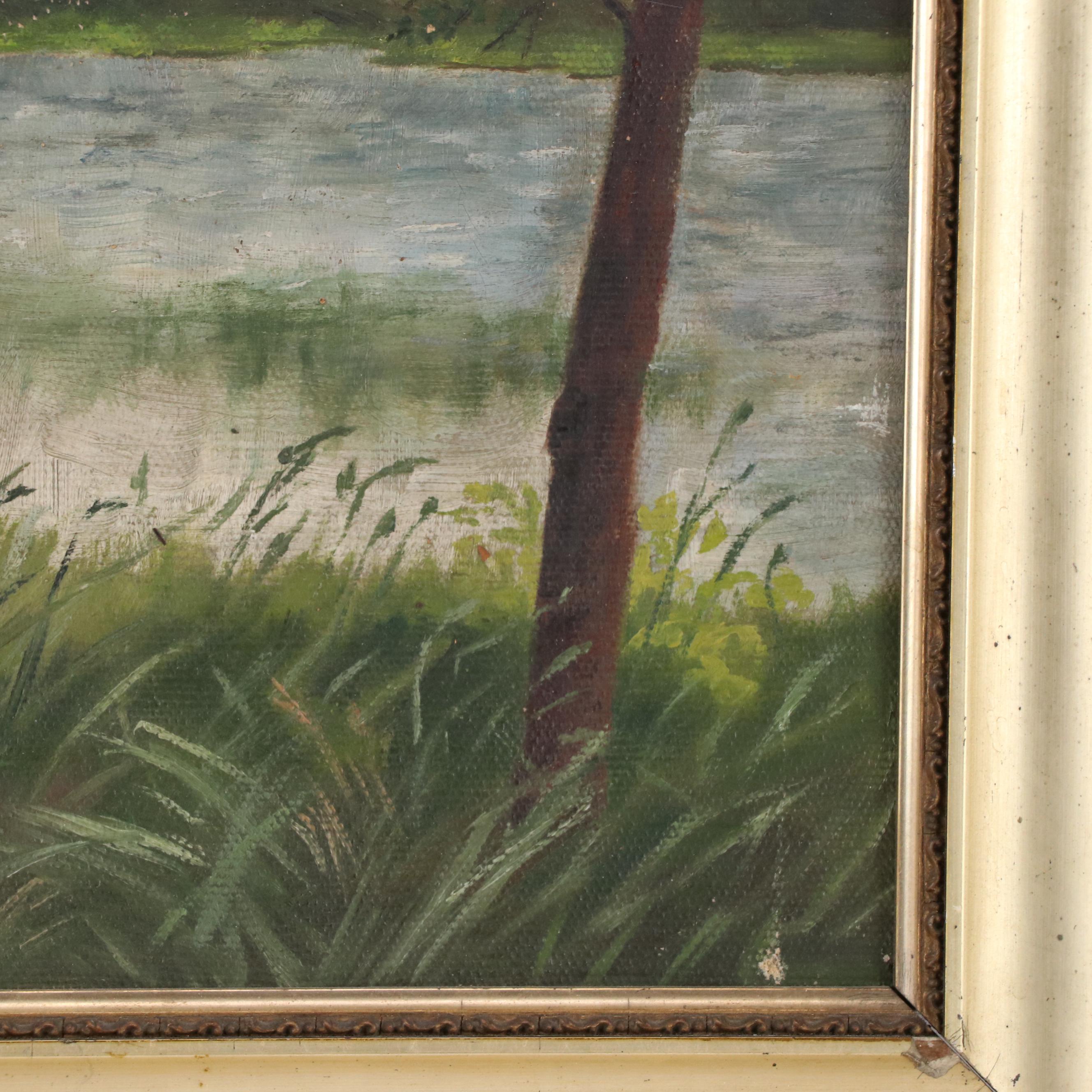 Wooded Landscape Oil Painting of Pond