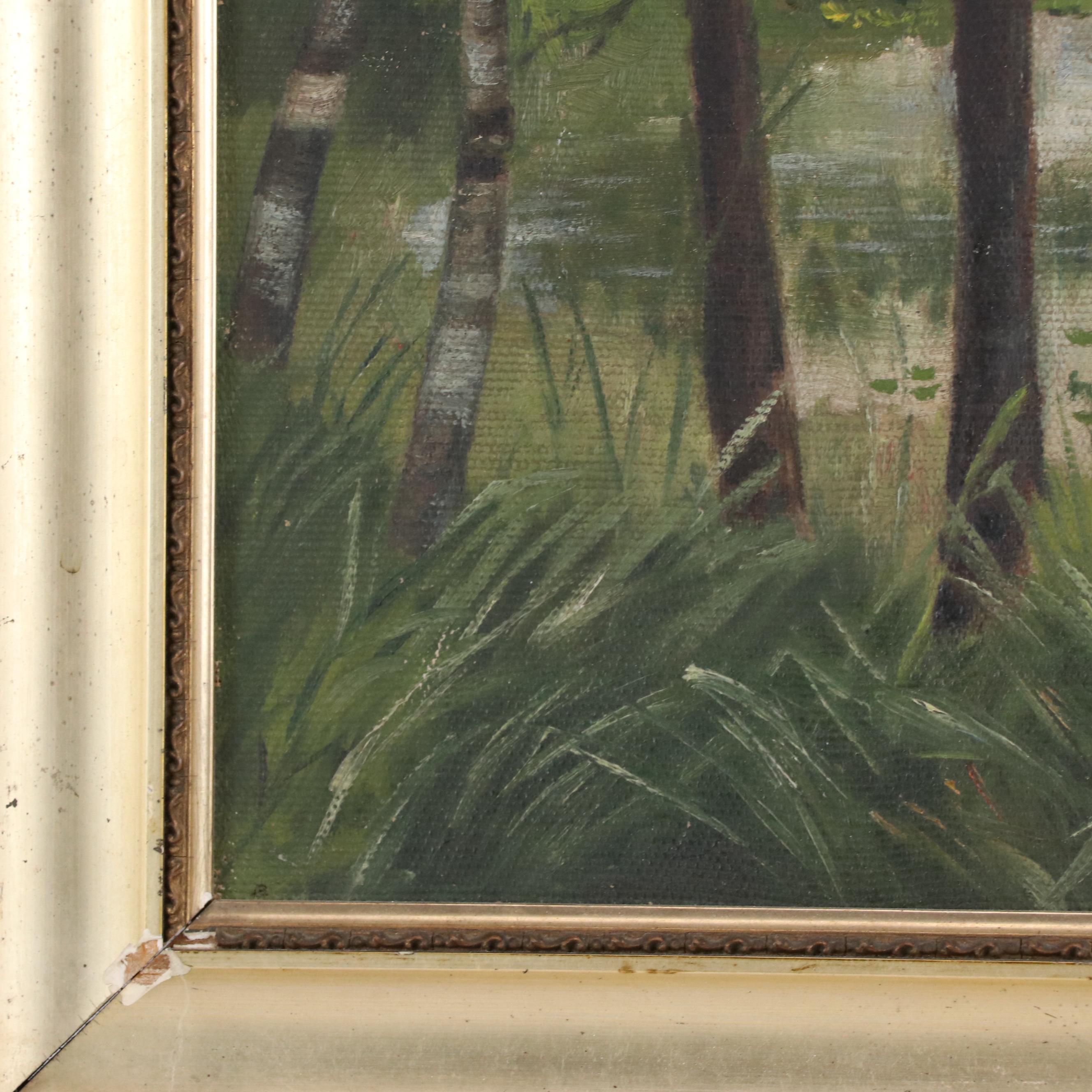 Wooded Landscape Oil Painting of Pond