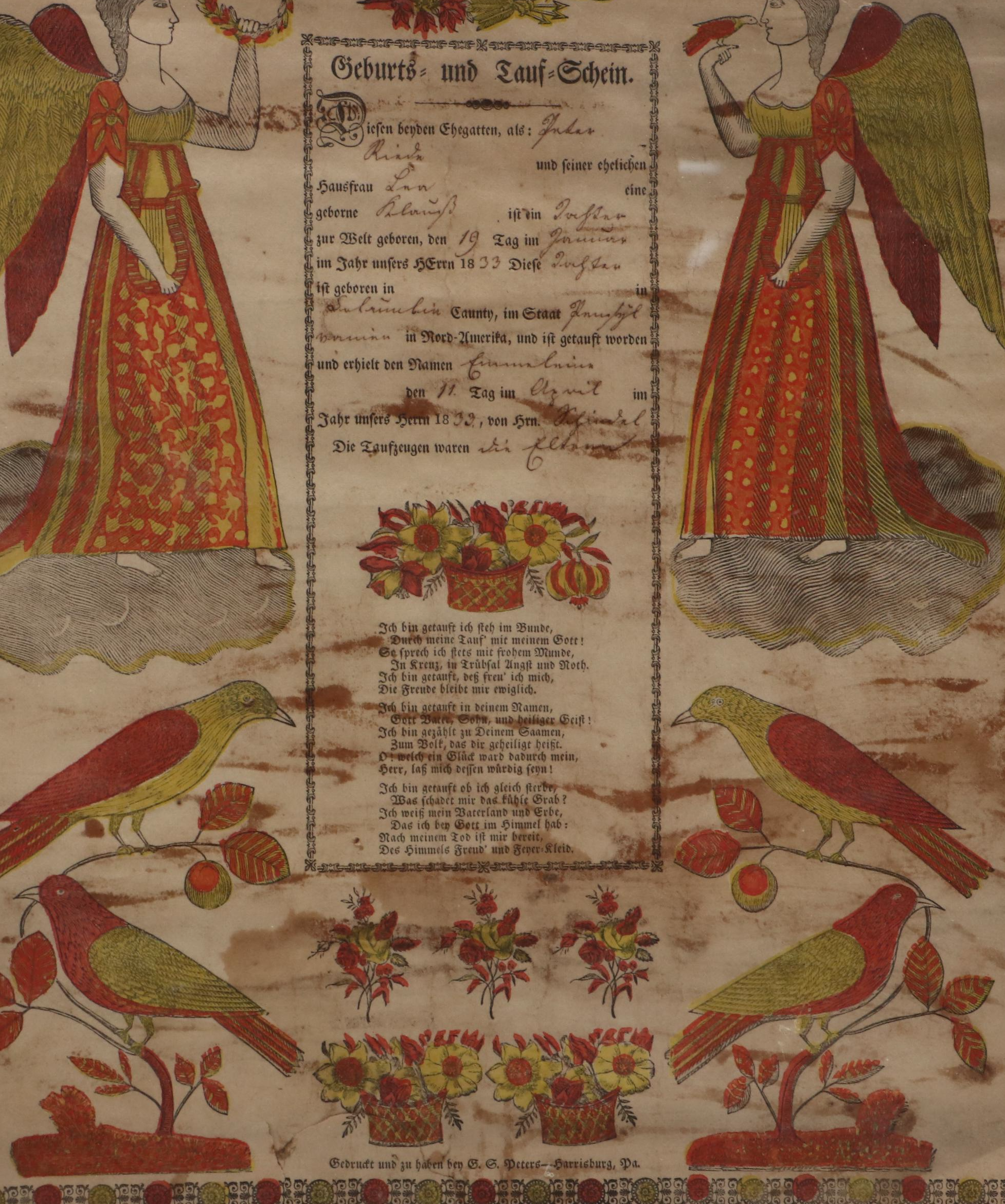 Pennsylvania Dutch Birth Certificate, 1833