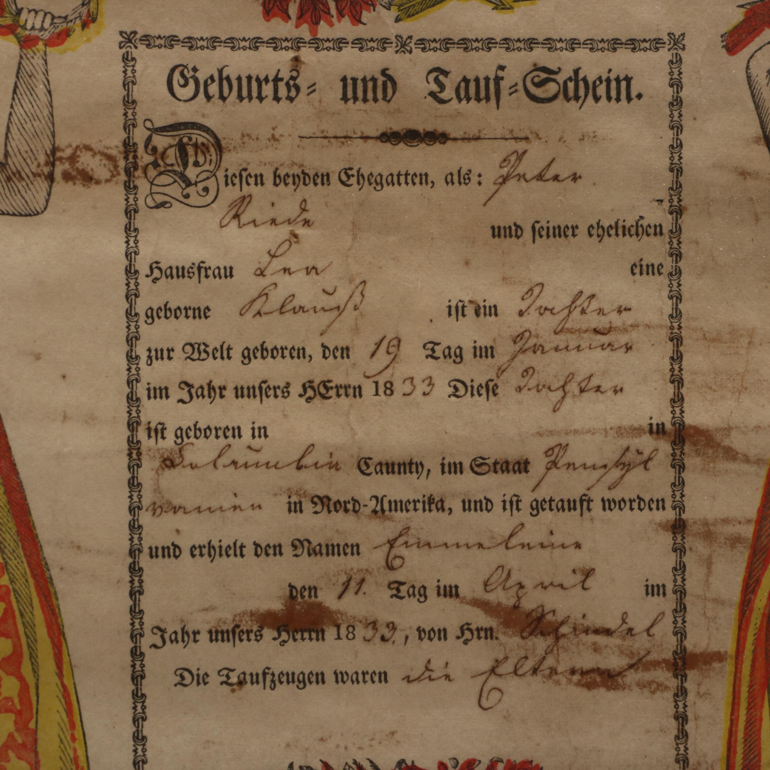 Pennsylvania Dutch Birth Certificate, 1833