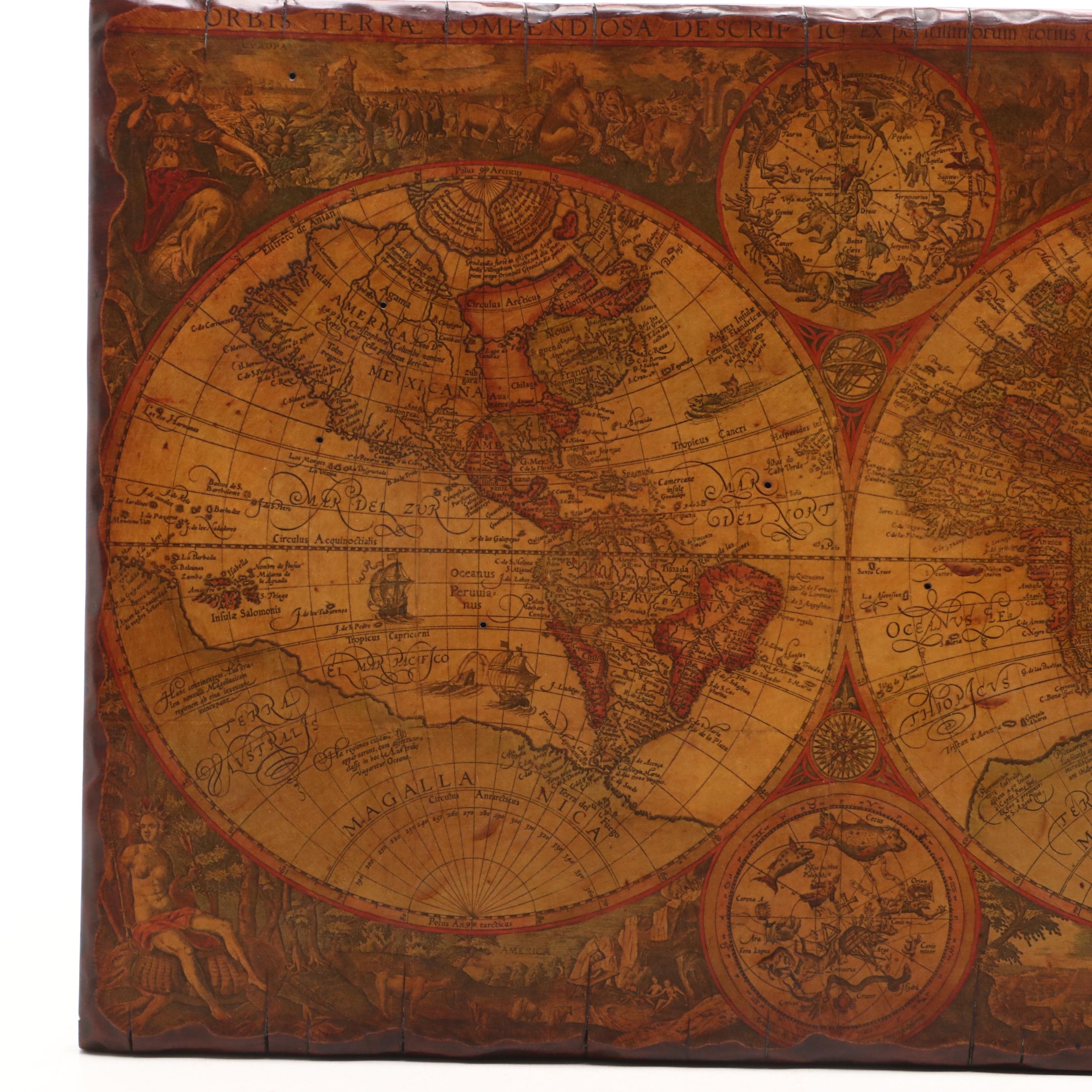 Replica Old World Navigational Map Print on Wooden Panel
