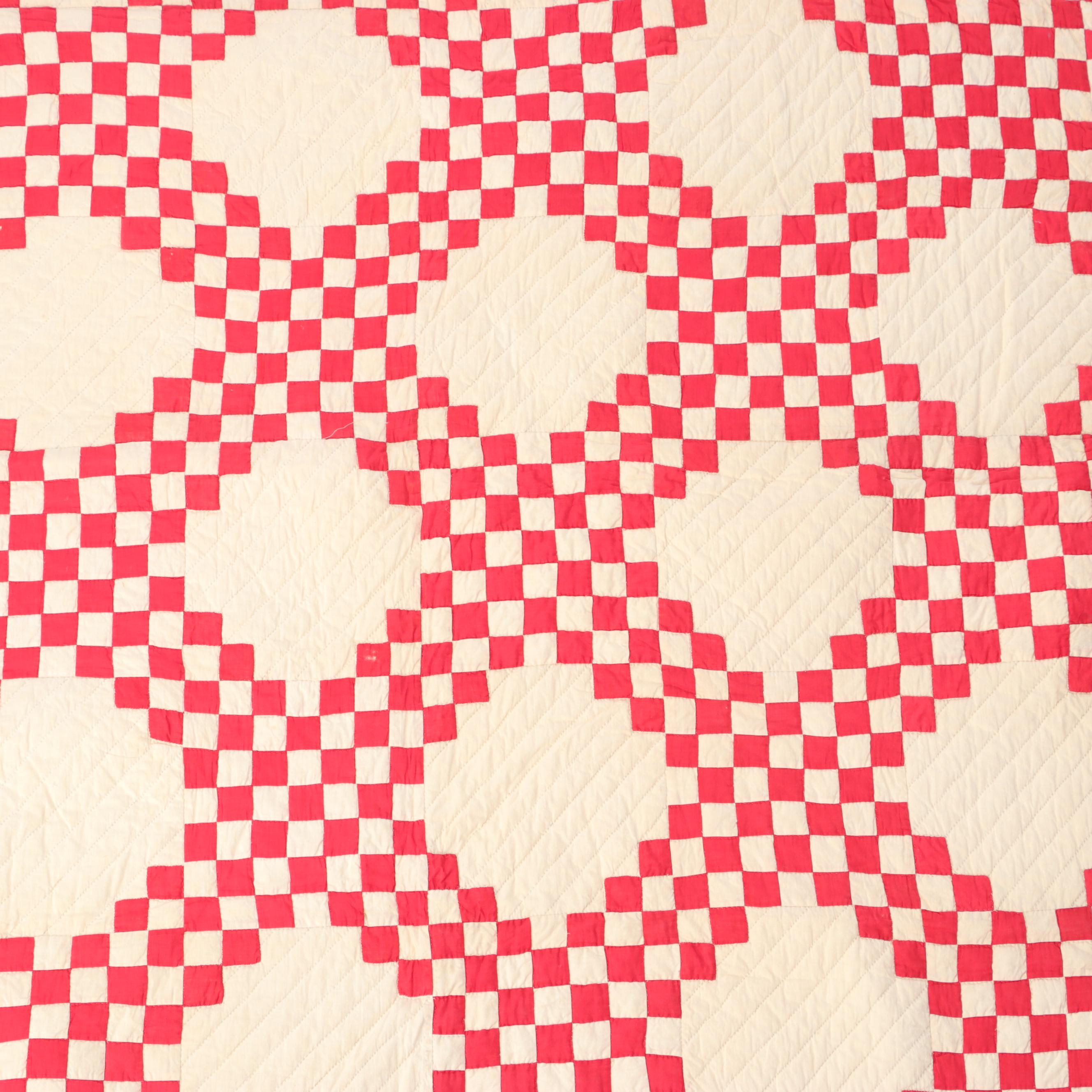 Handmade "Double Irish Chain" Red and White Quilt