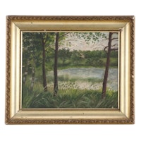 Wooded Landscape Oil Painting of Pond