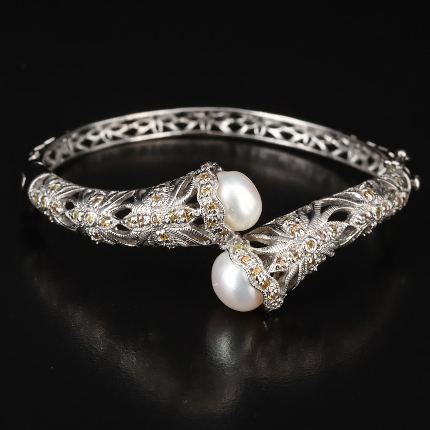 Sterling Pearl and Sapphire Bypass Bangle Bracelet