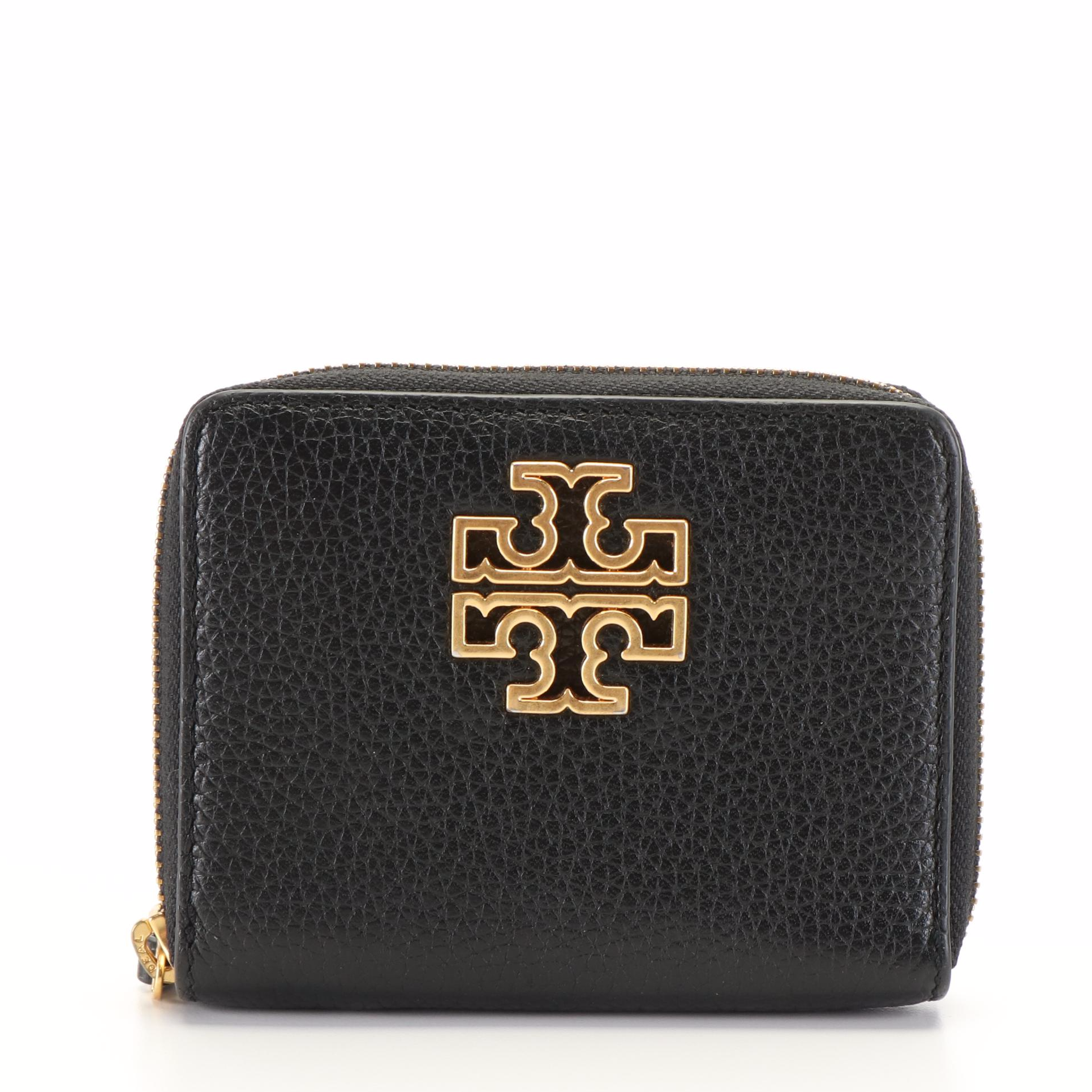 Tory Burch  Britten Black Pebbled Leather Zippered Wallet