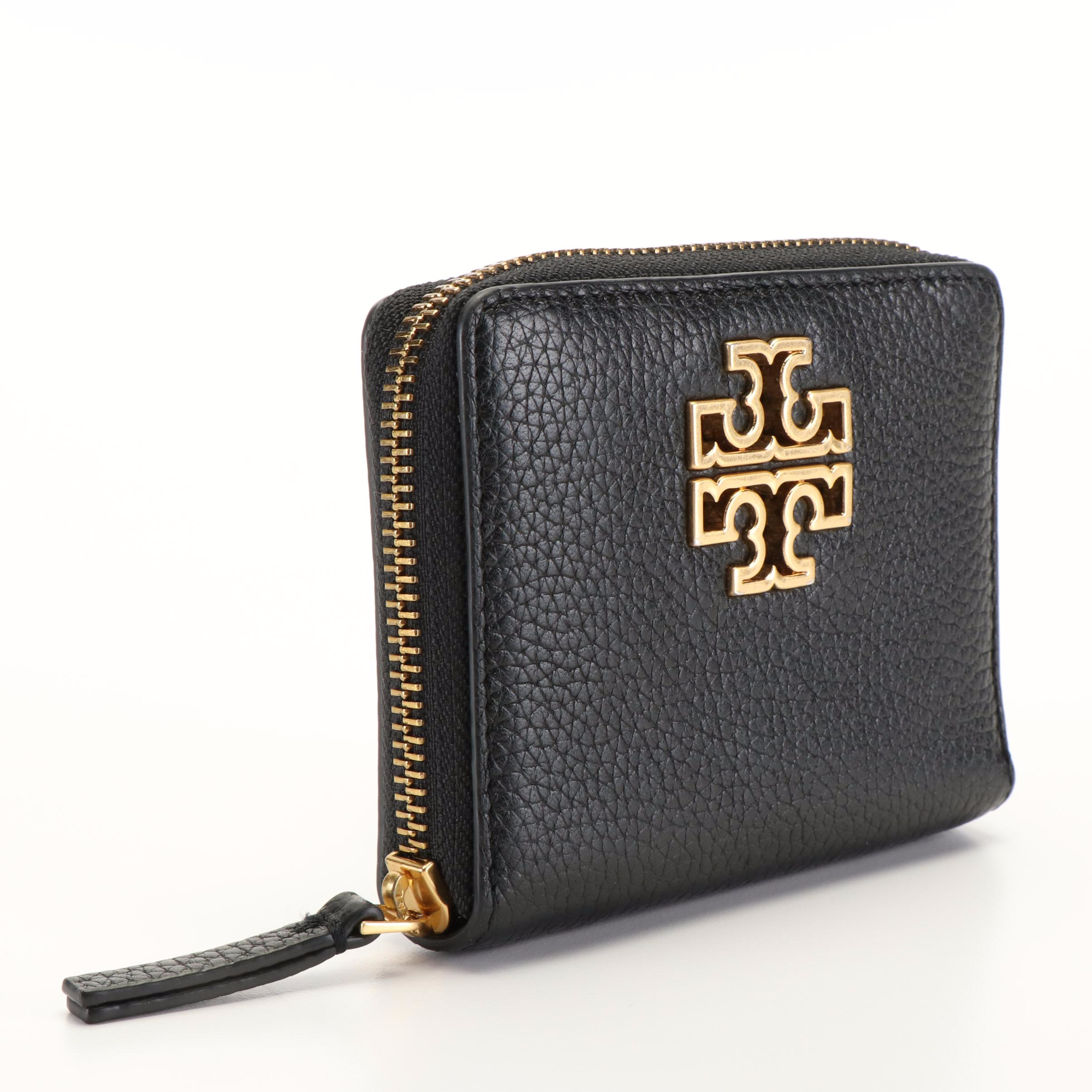 Tory Burch  Britten Black Pebbled Leather Zippered Wallet