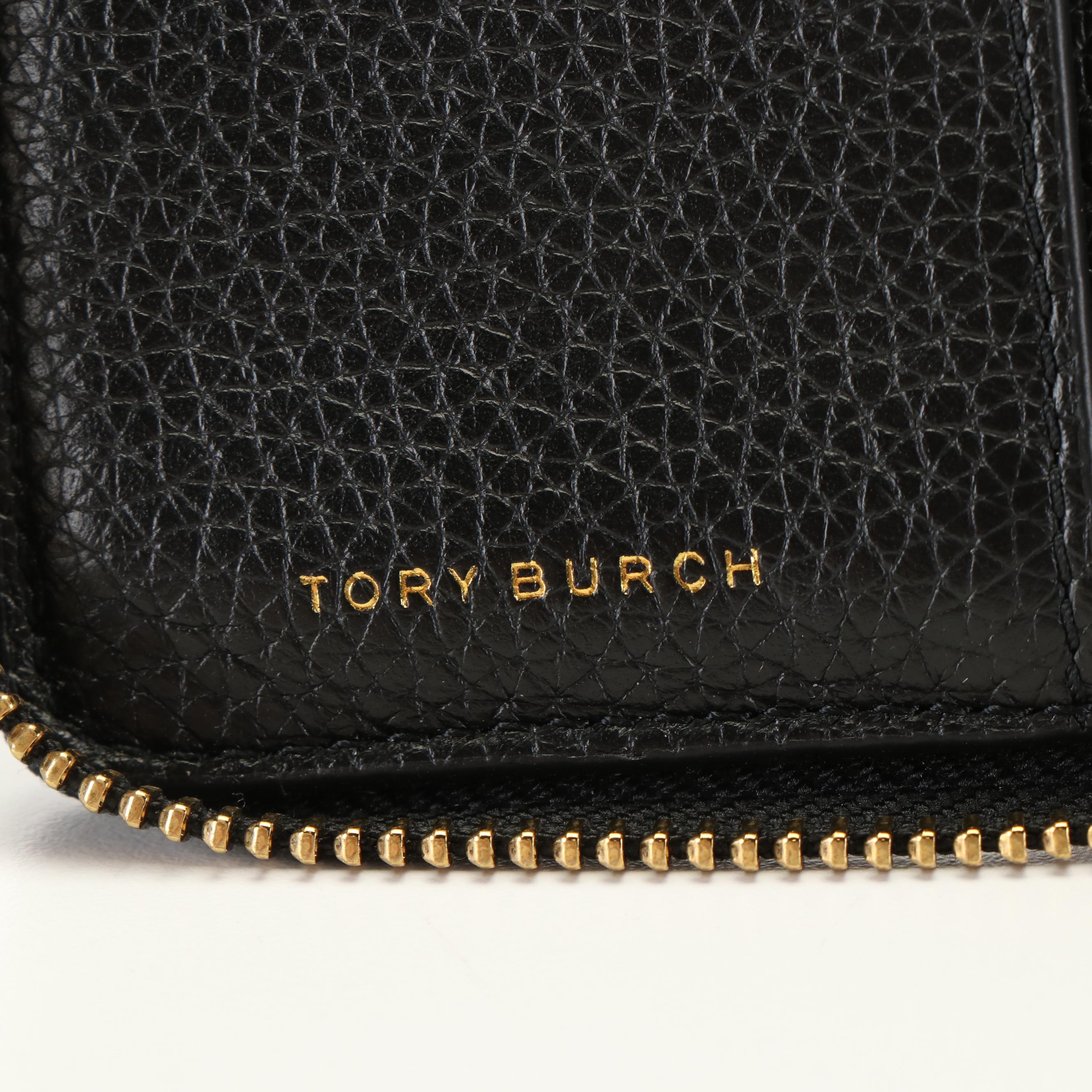 Tory Burch  Britten Black Pebbled Leather Zippered Wallet