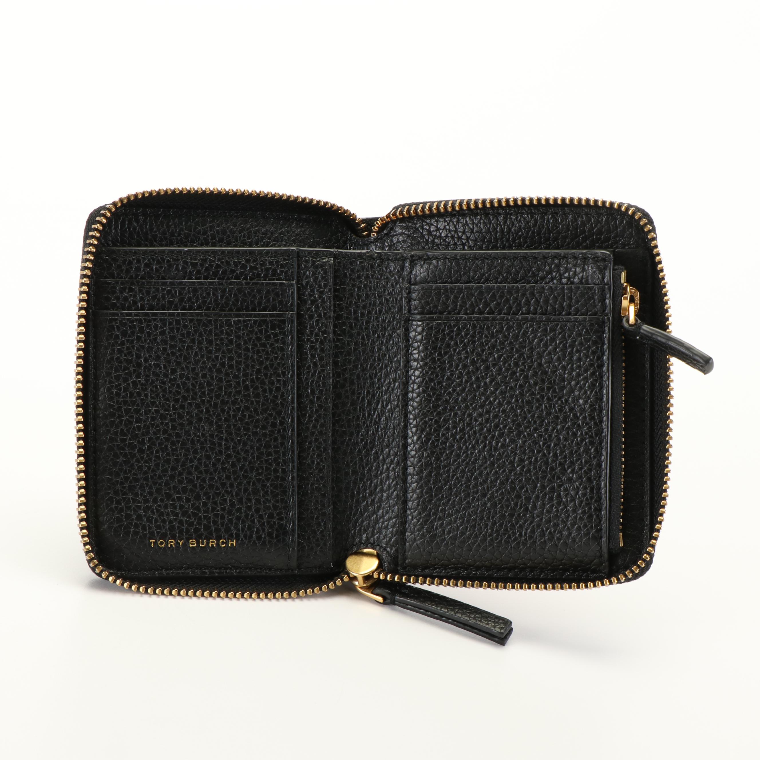 Tory Burch  Britten Black Pebbled Leather Zippered Wallet