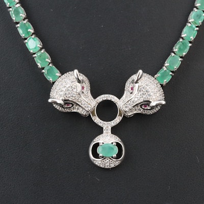 Sterling Emerald, CZ and Ruby Necklace