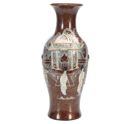 East Asian Ceramic Floor Vase with Applied Relief Carved Mother of Pearl Figures