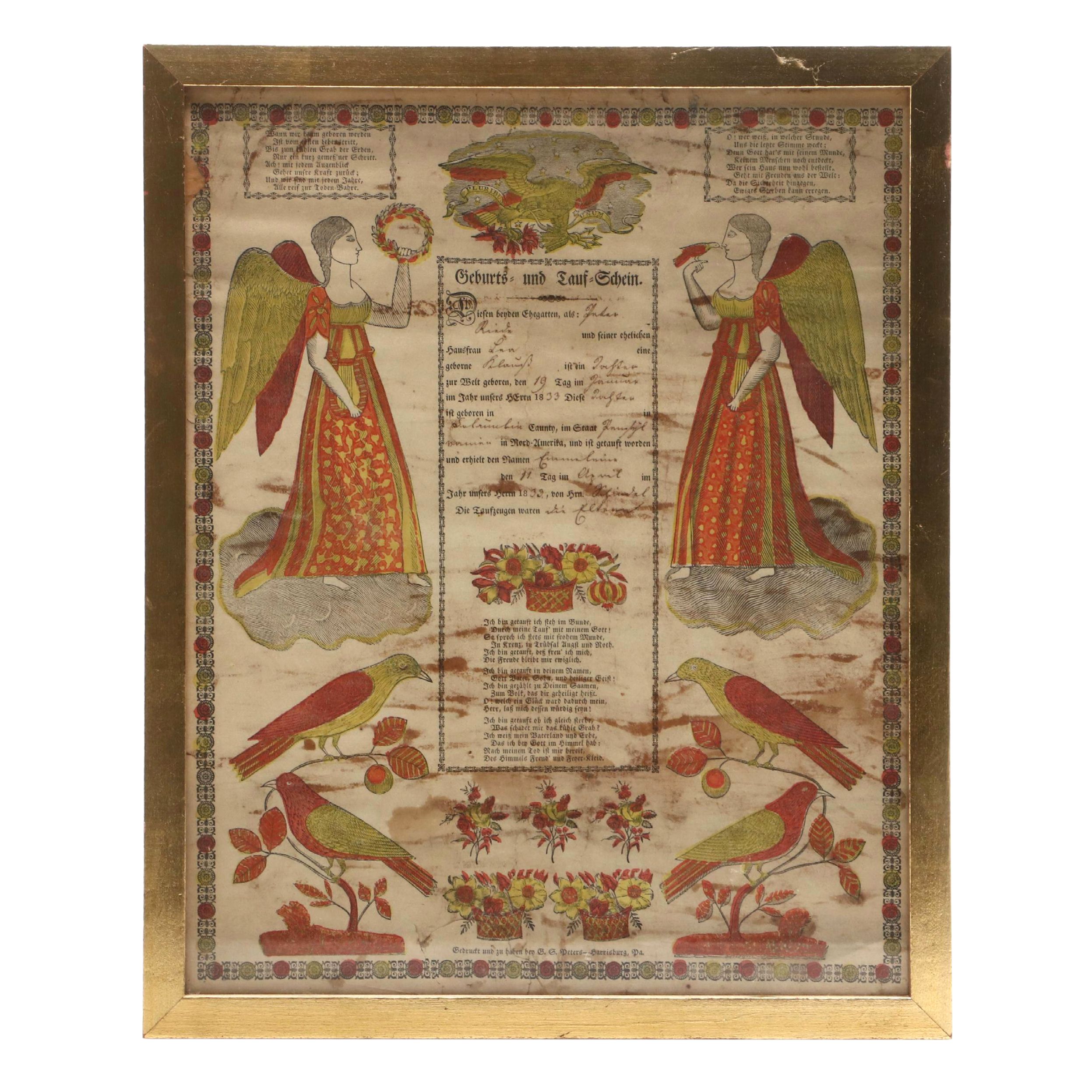 Pennsylvania Dutch Birth Certificate, 1833