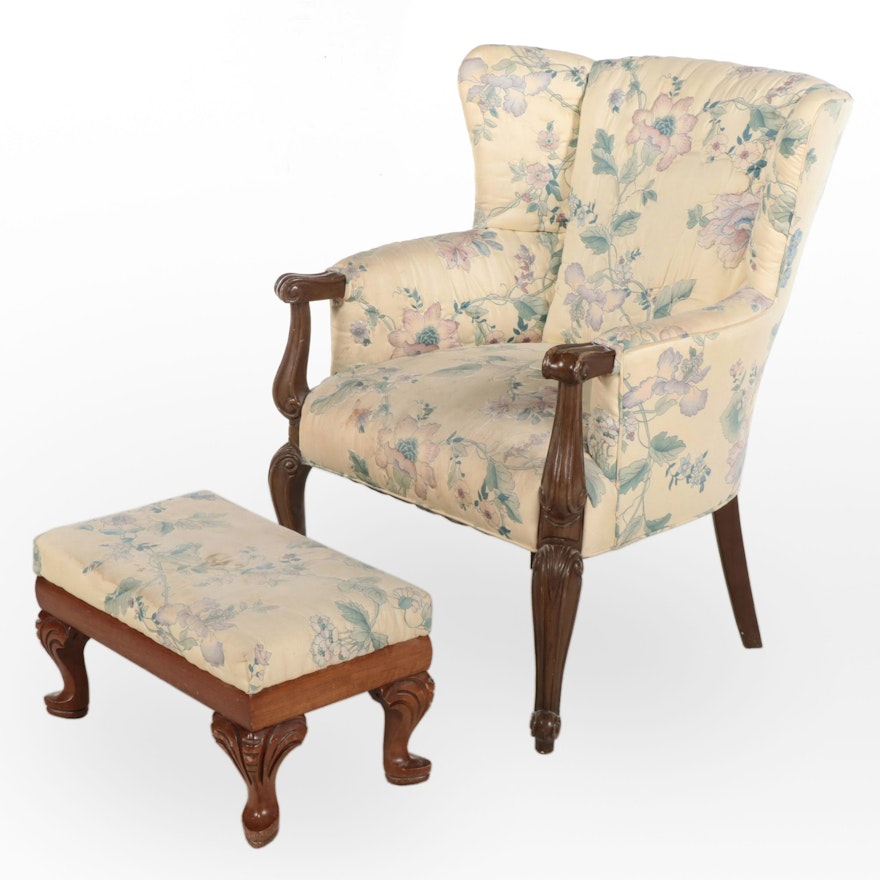Art Deco Style Upholstered Wingback Chair with Coordinating Footstool