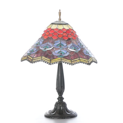 Peacock Pattern Slag Glass Boudoir Lamp, Late 20th Century