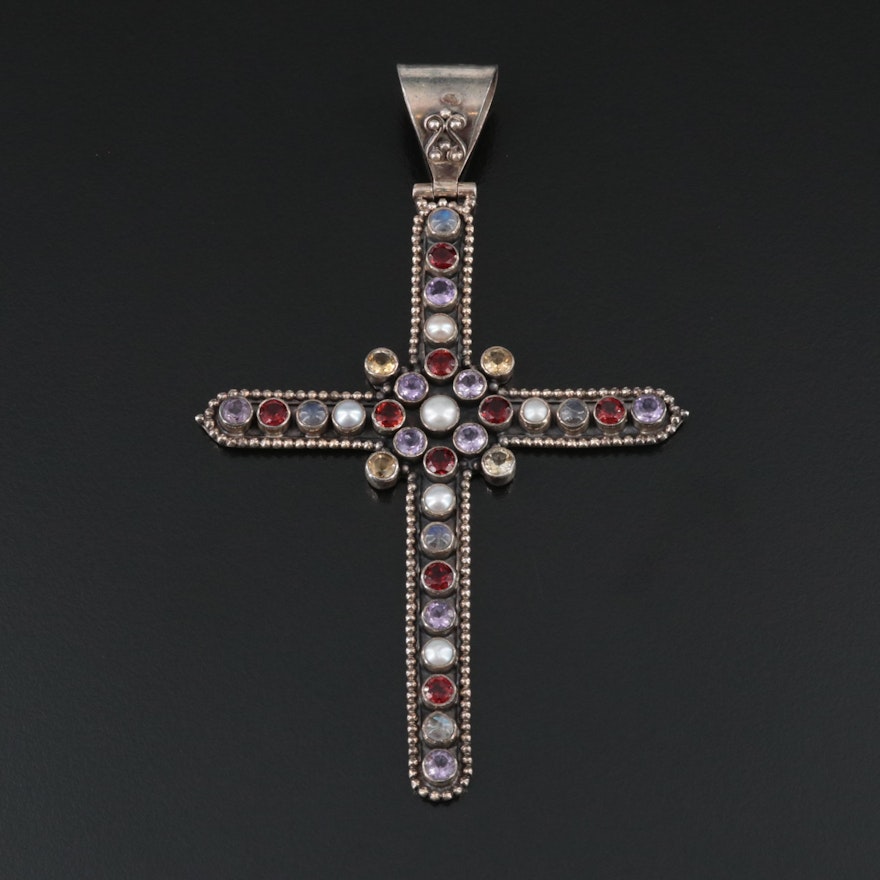 Sterling Gemstone Cross Pendant Featuring Pearl, Amethyst, and Garnet