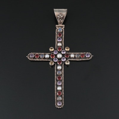 Sterling Gemstone Cross Featuring Pearl, Amethyst, and Garnet