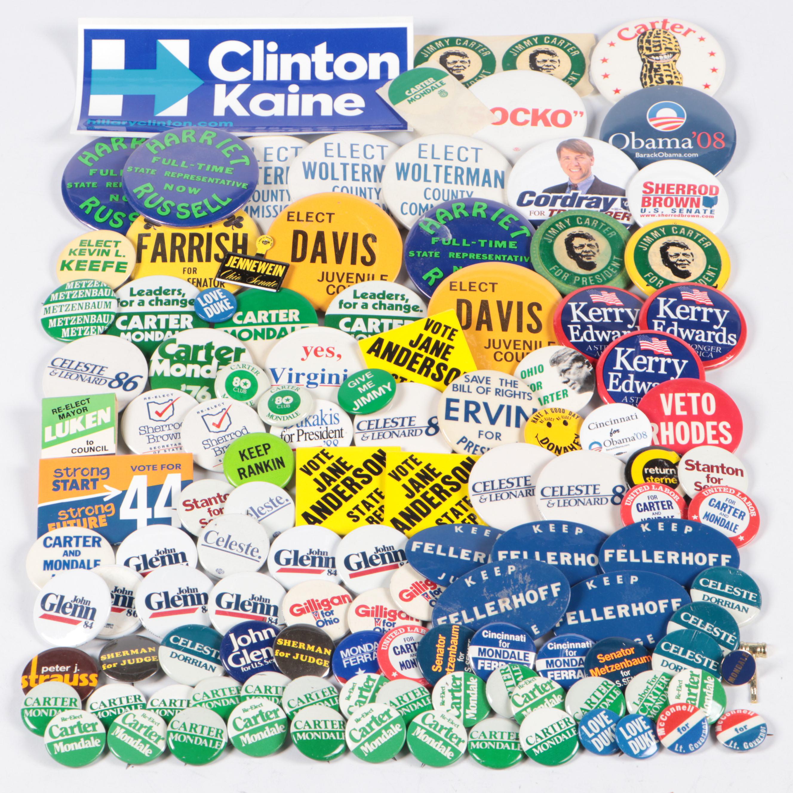 Political Campaign Button Pins Featuring Barack Obama and Jimmy Carter Buttons