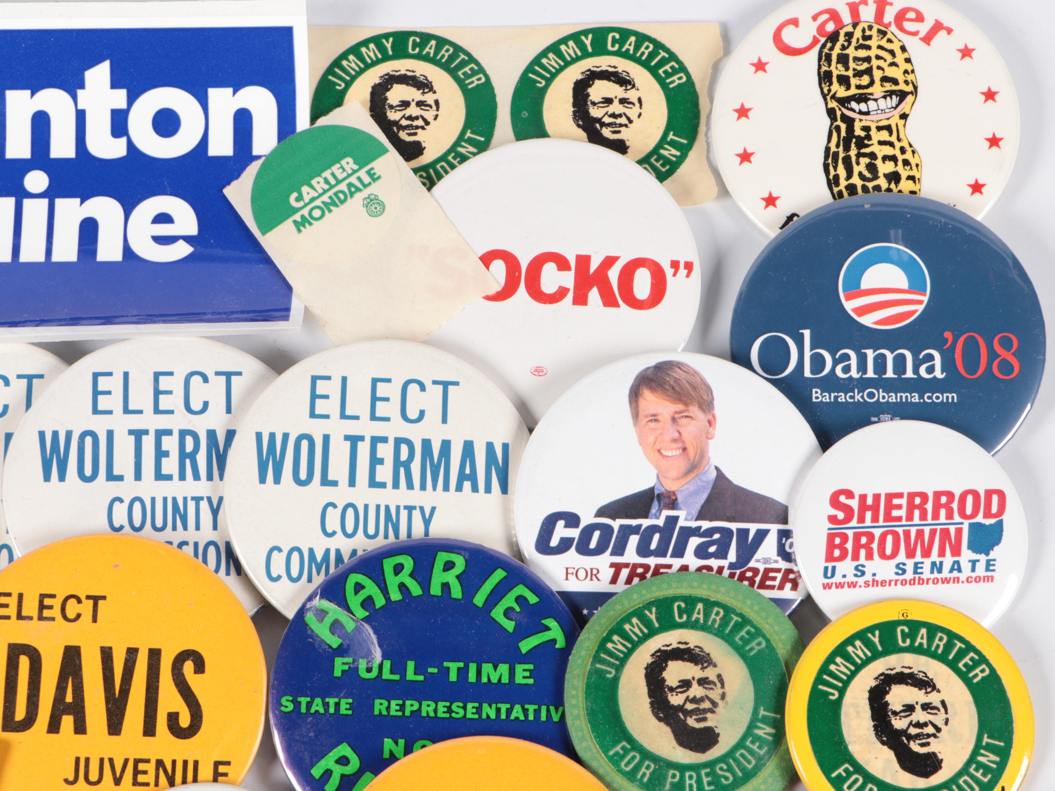 Political Campaign Button Pins Featuring Barack Obama and Jimmy Carter Buttons