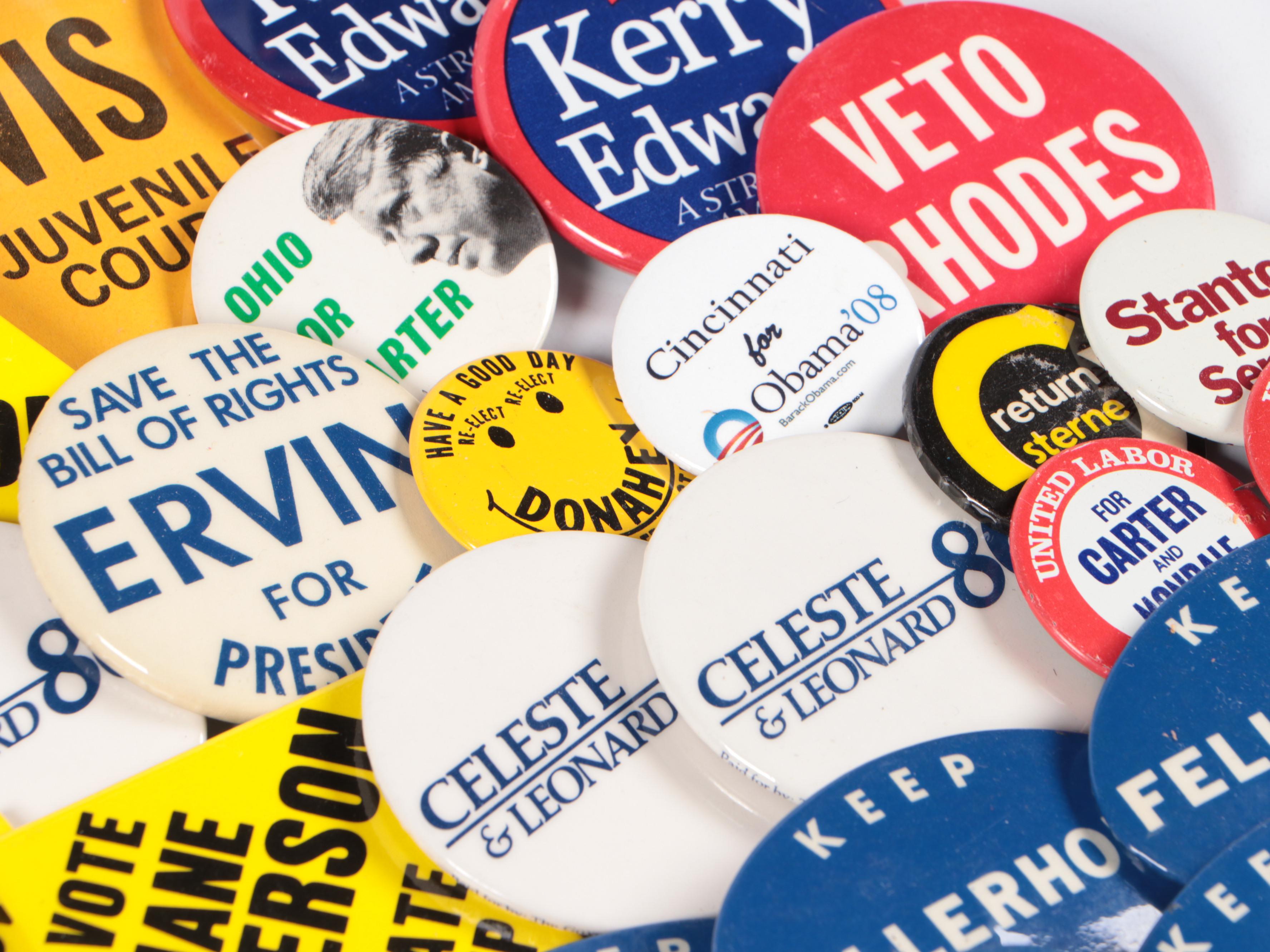 Political Campaign Button Pins Featuring Barack Obama and Jimmy Carter Buttons