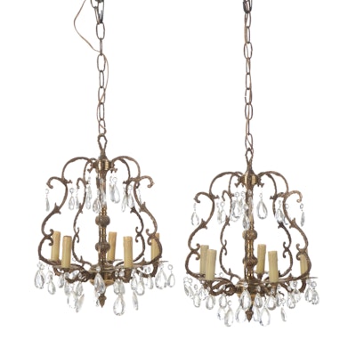 Spanish Baroque Style Cast Brass and Crystal Five-Light Chandelier Pair