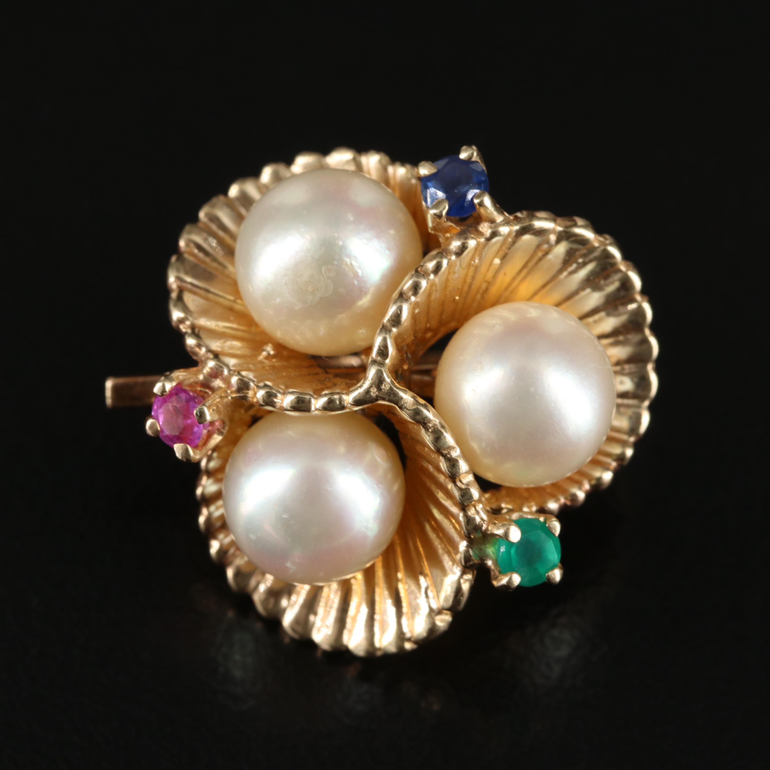 Vintage 14K Pearl, Ruby, Sapphire and Chalcedony Scalloped Pearl Shortener