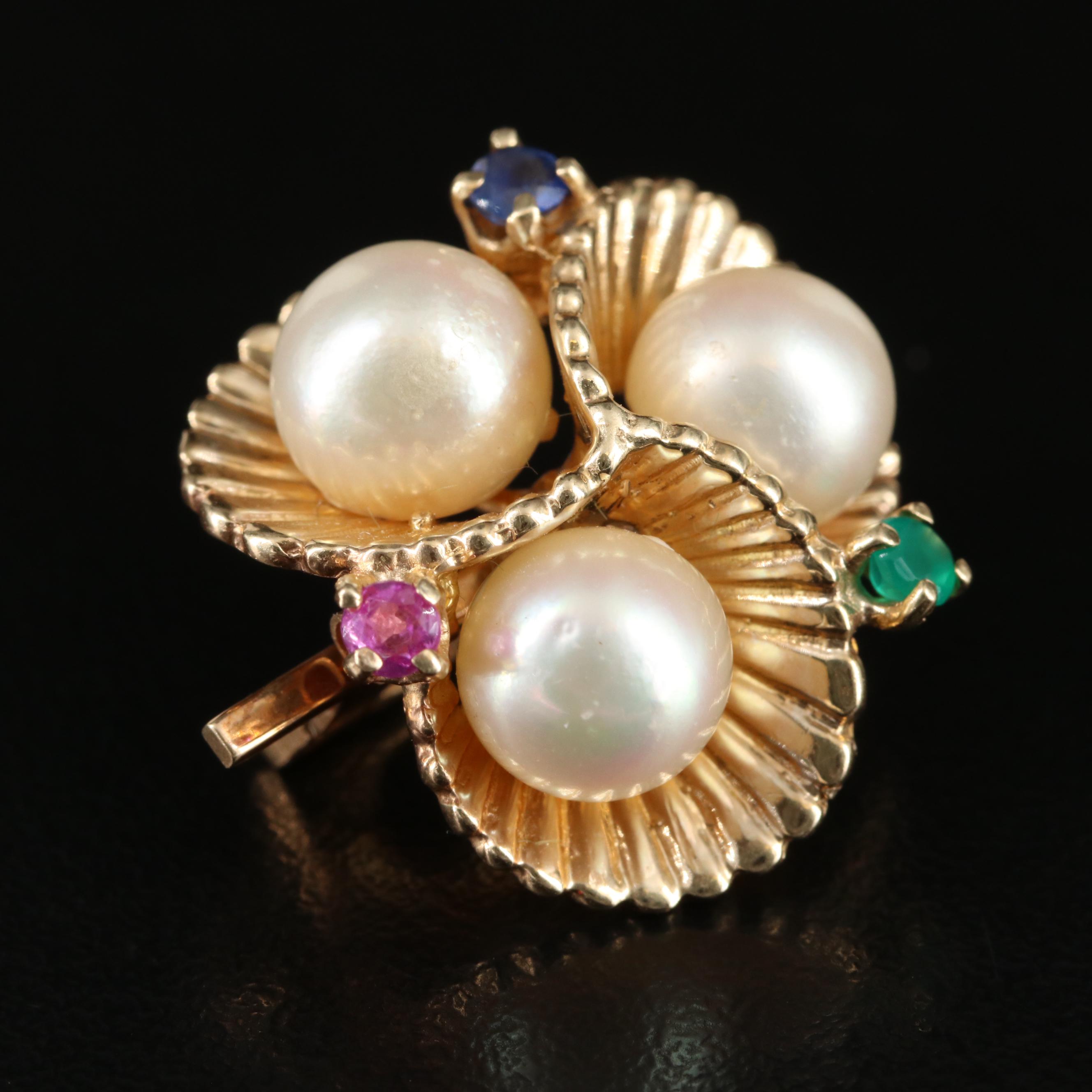 Vintage 14K Pearl, Ruby, Sapphire and Chalcedony Scalloped Pearl Shortener
