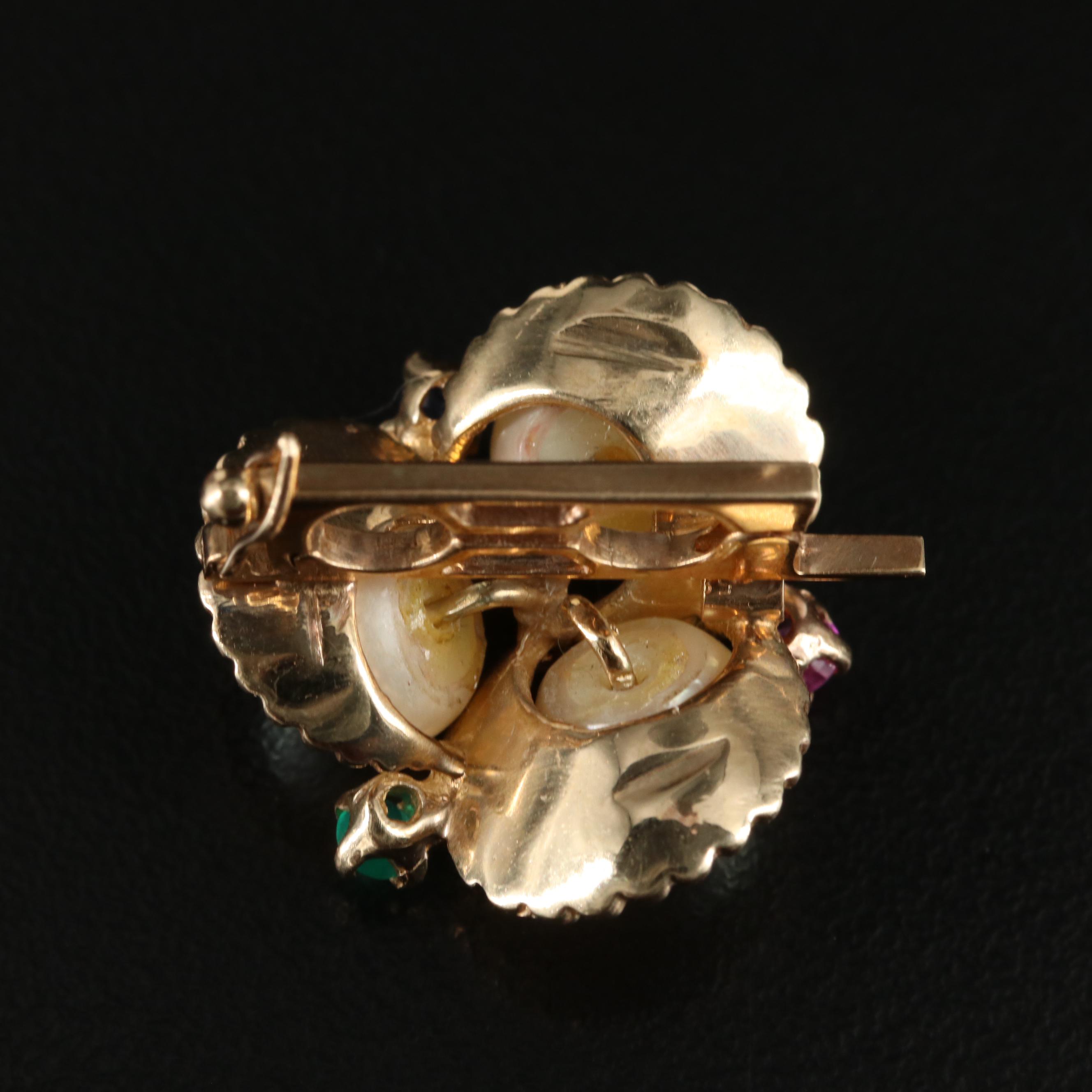 Vintage 14K Pearl, Ruby, Sapphire and Chalcedony Scalloped Pearl Shortener