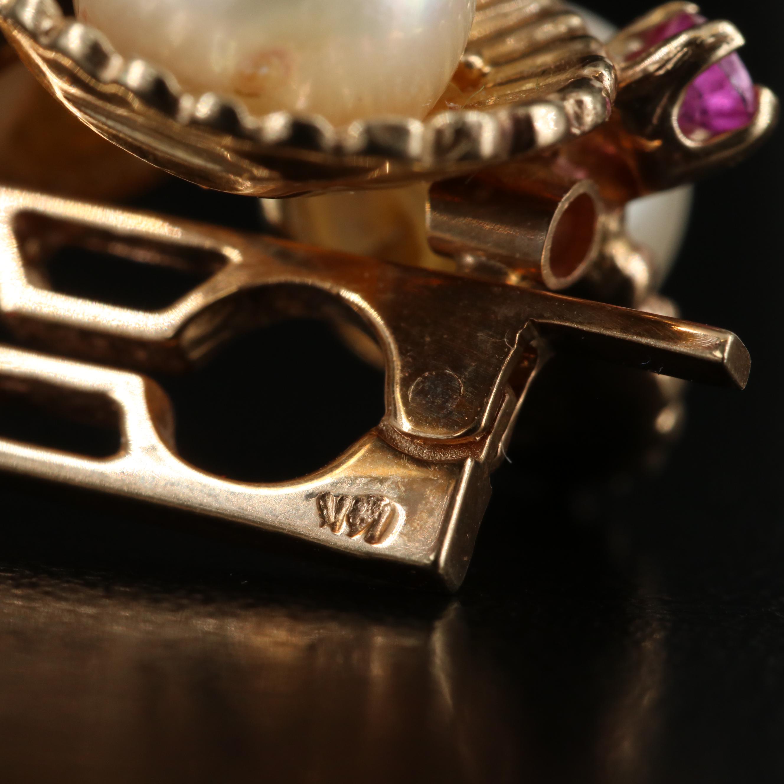 Vintage 14K Pearl, Ruby, Sapphire and Chalcedony Scalloped Pearl Shortener