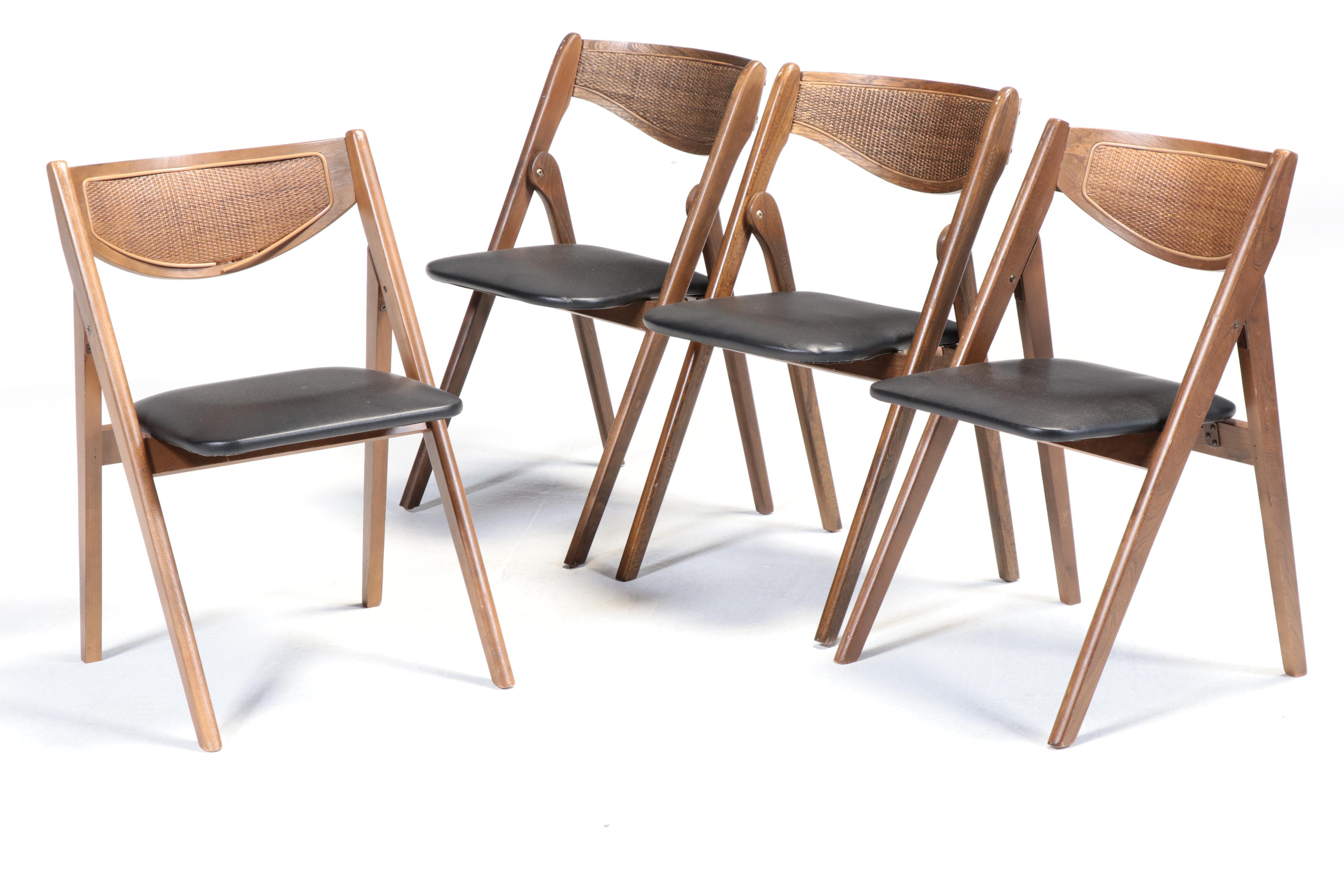 Four Coronet Walnut & Wicker Finish Folding Chairs, Stakmore Bridge Table