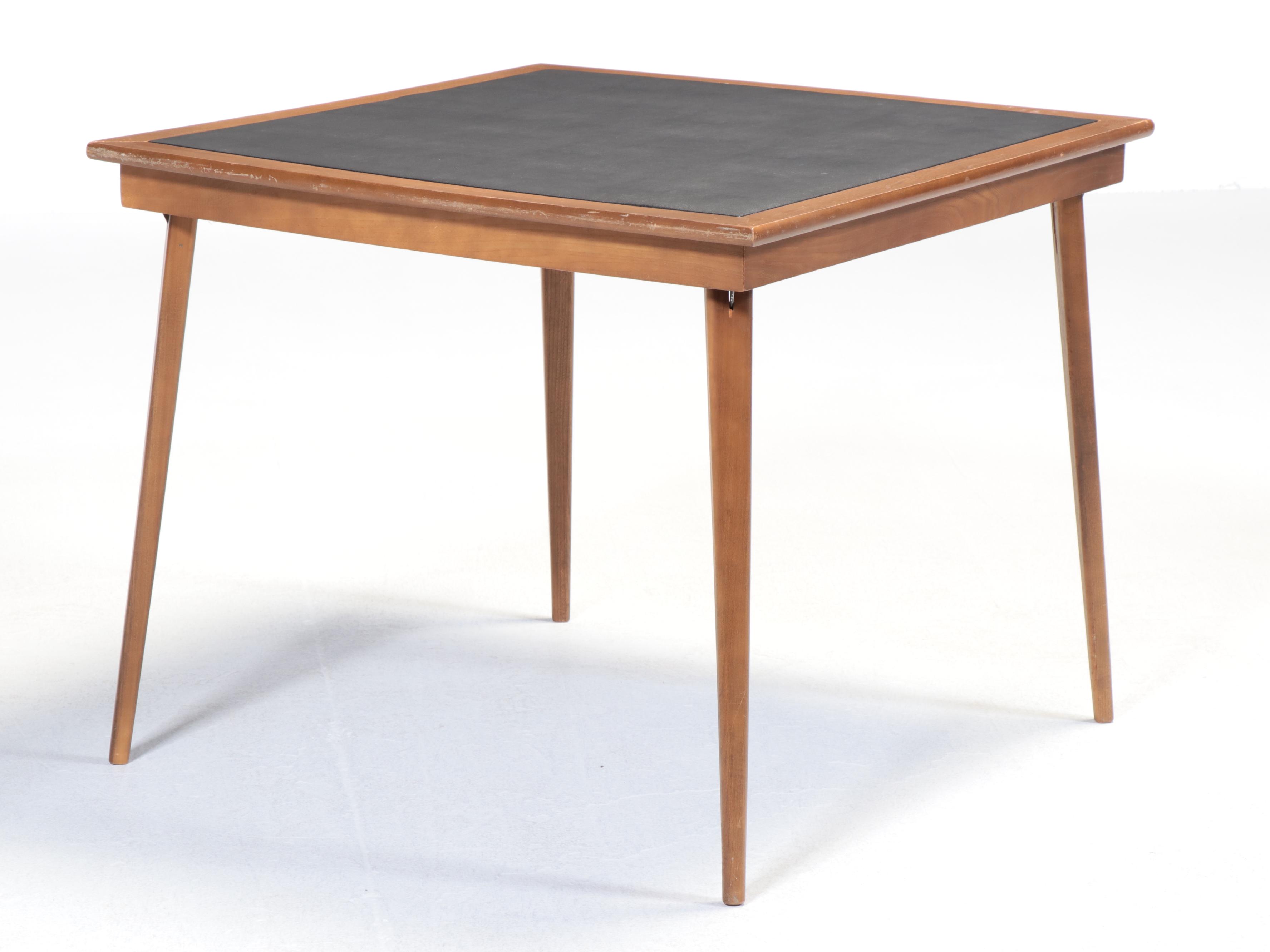 Four Coronet Walnut & Wicker Finish Folding Chairs, Stakmore Bridge Table