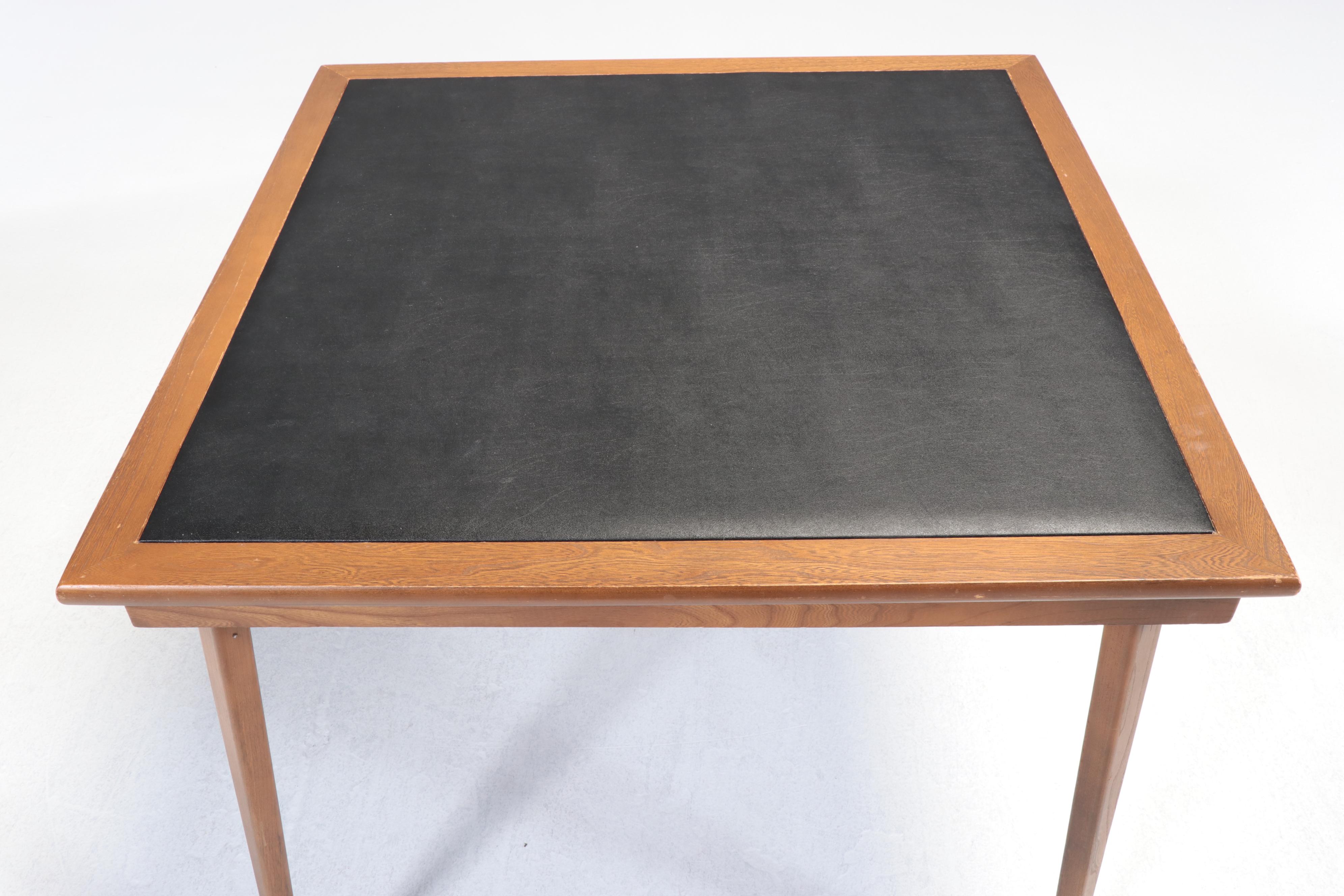 Four Coronet Walnut & Wicker Finish Folding Chairs, Stakmore Bridge Table