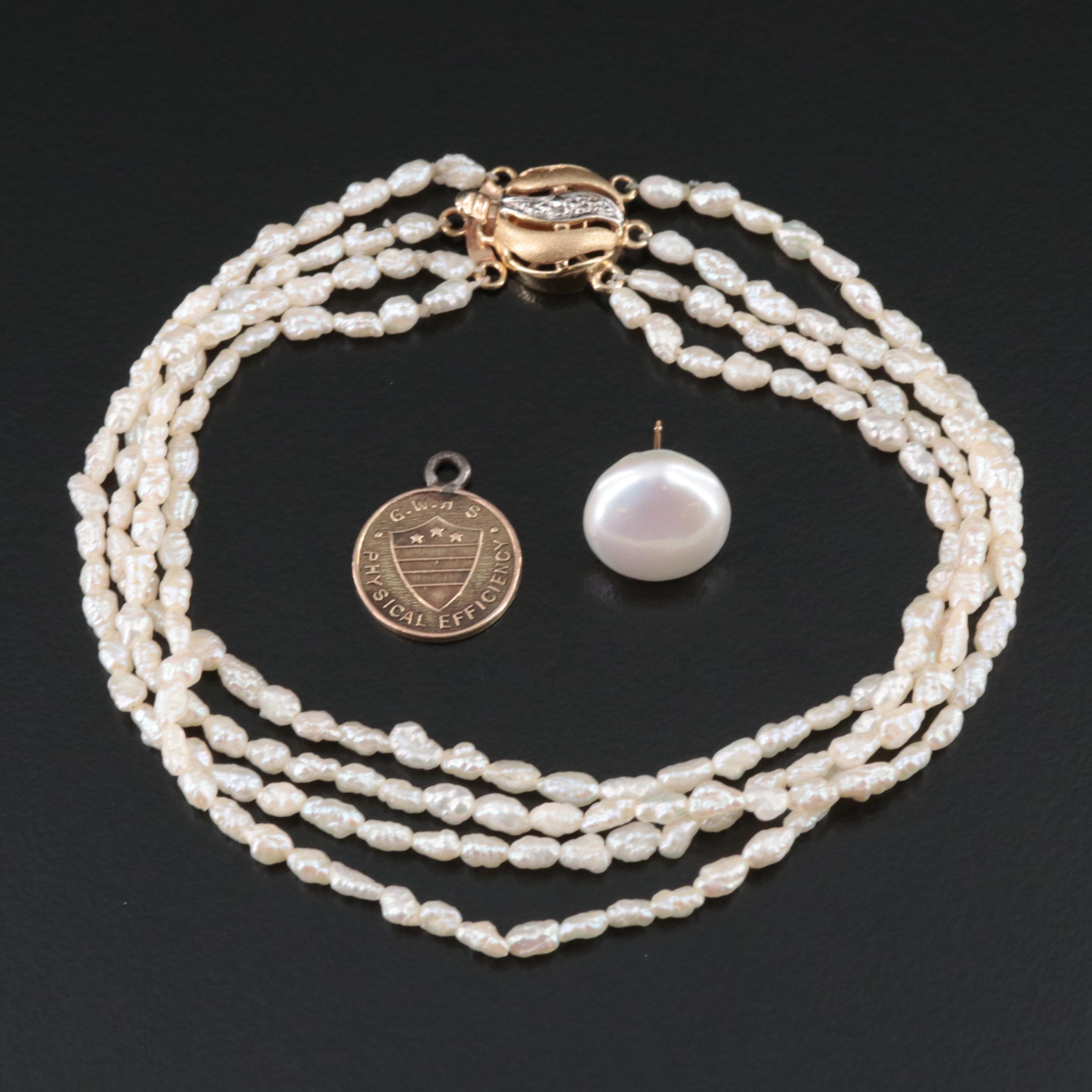 14K Pearl Bracelet, Single Pearl Earring and Vintage School Medal